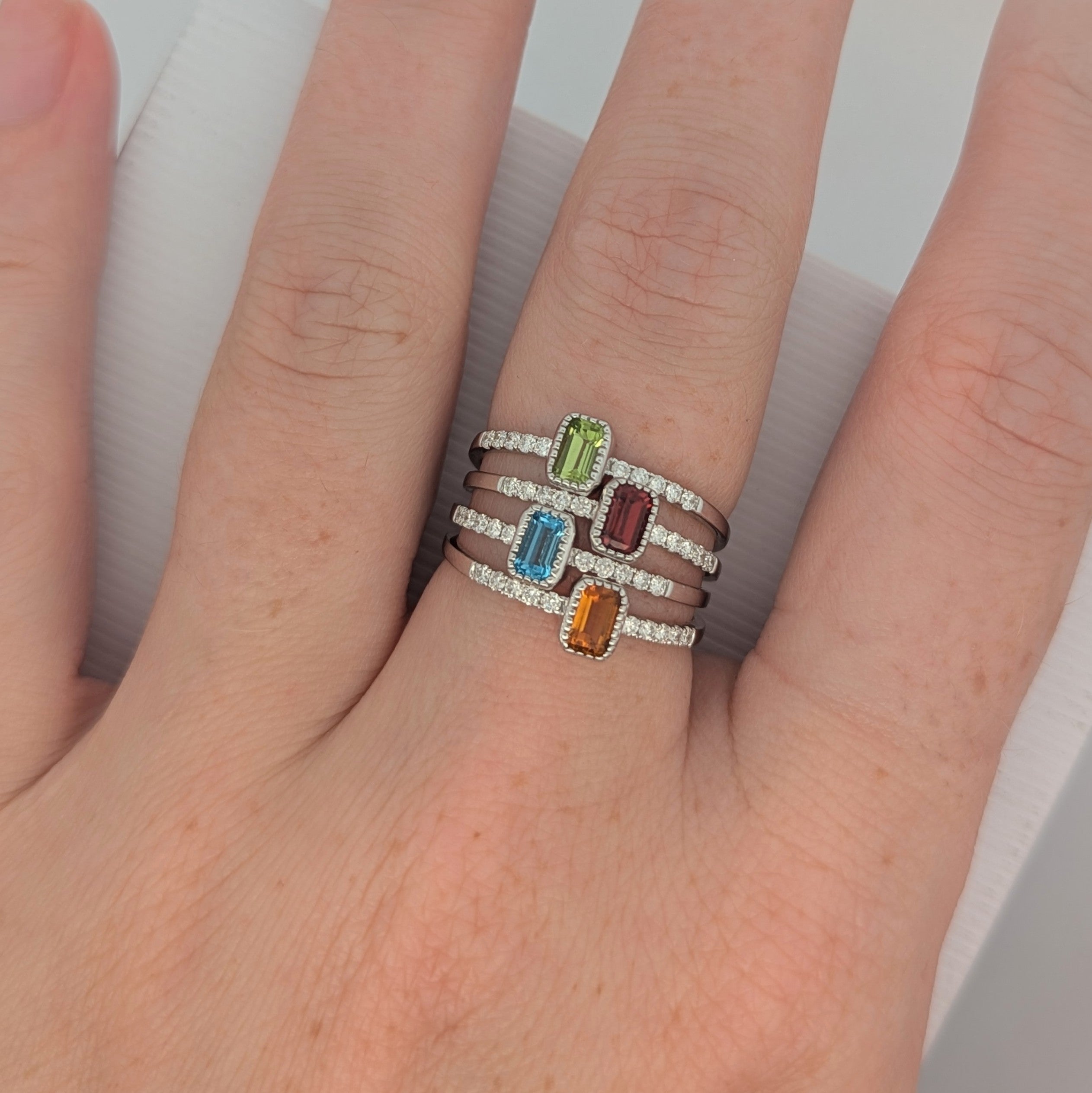 14K White Gold Dainty Birthstone Ring with Diamonds and Gemstones
