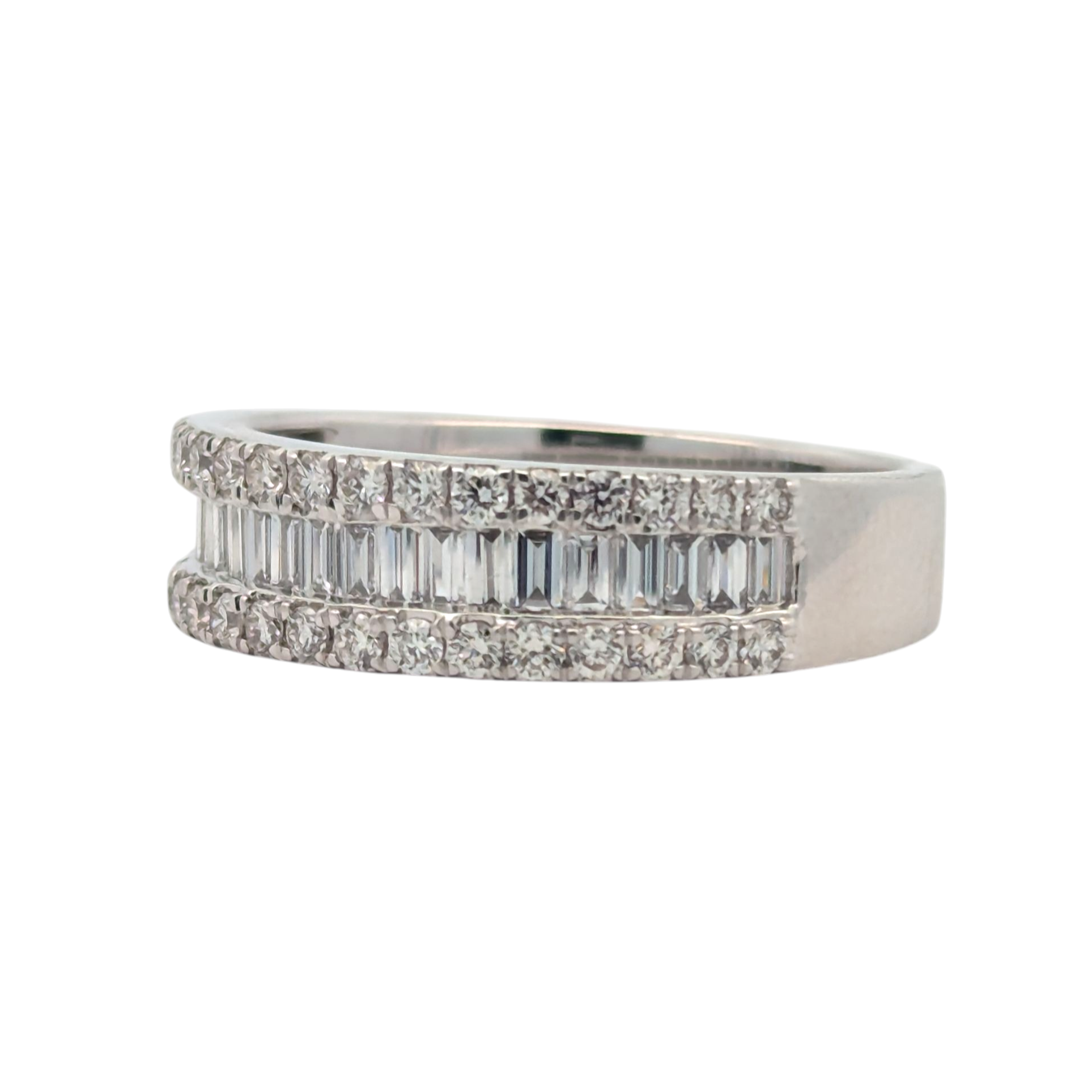 14K White Gold Round and Baguette Diamond Band