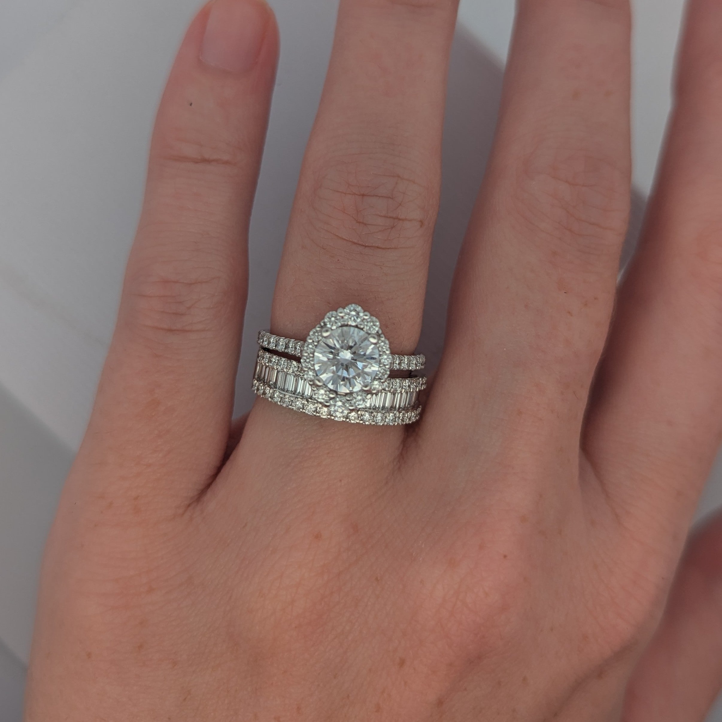 14K White Gold Round and Baguette Diamond Band