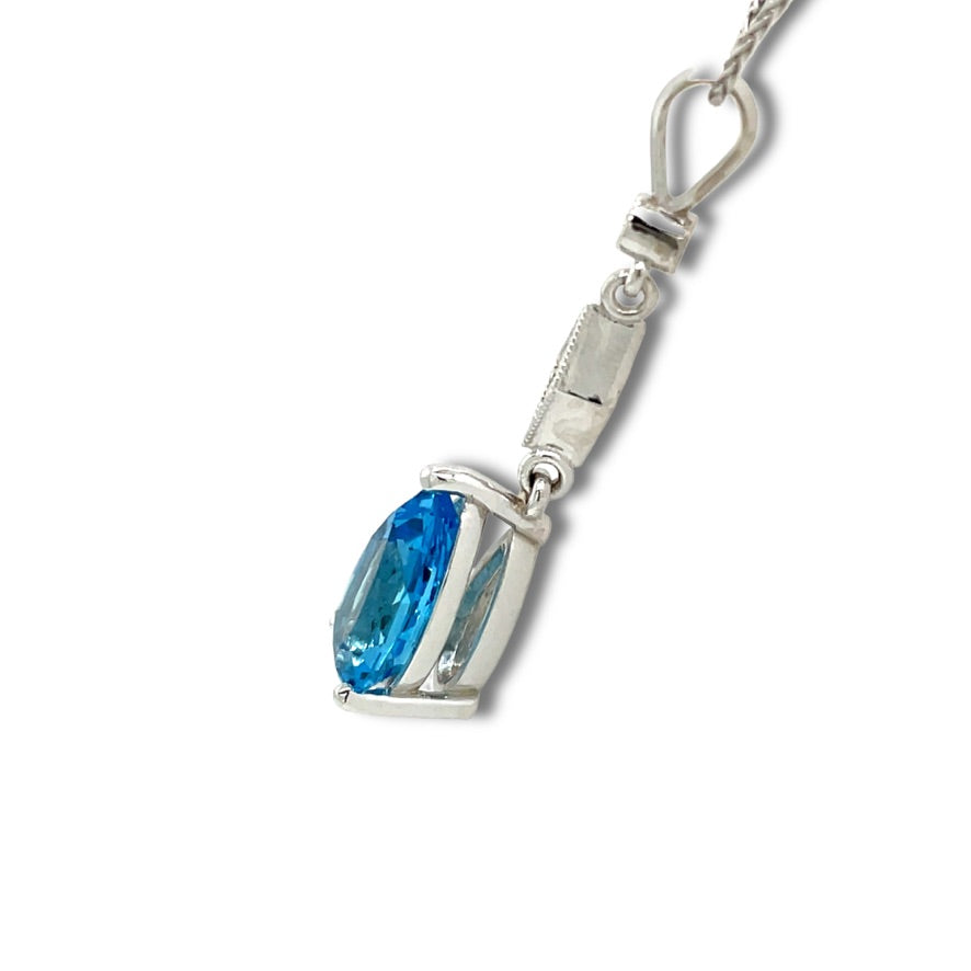 Ciella Swiss Blue Topaz & Diamond Necklace in White Gold