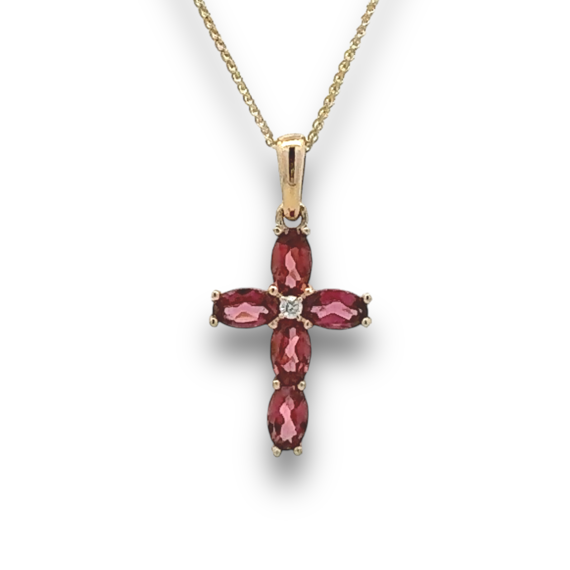 Garnet & Diamond Cross in Yellow Gold