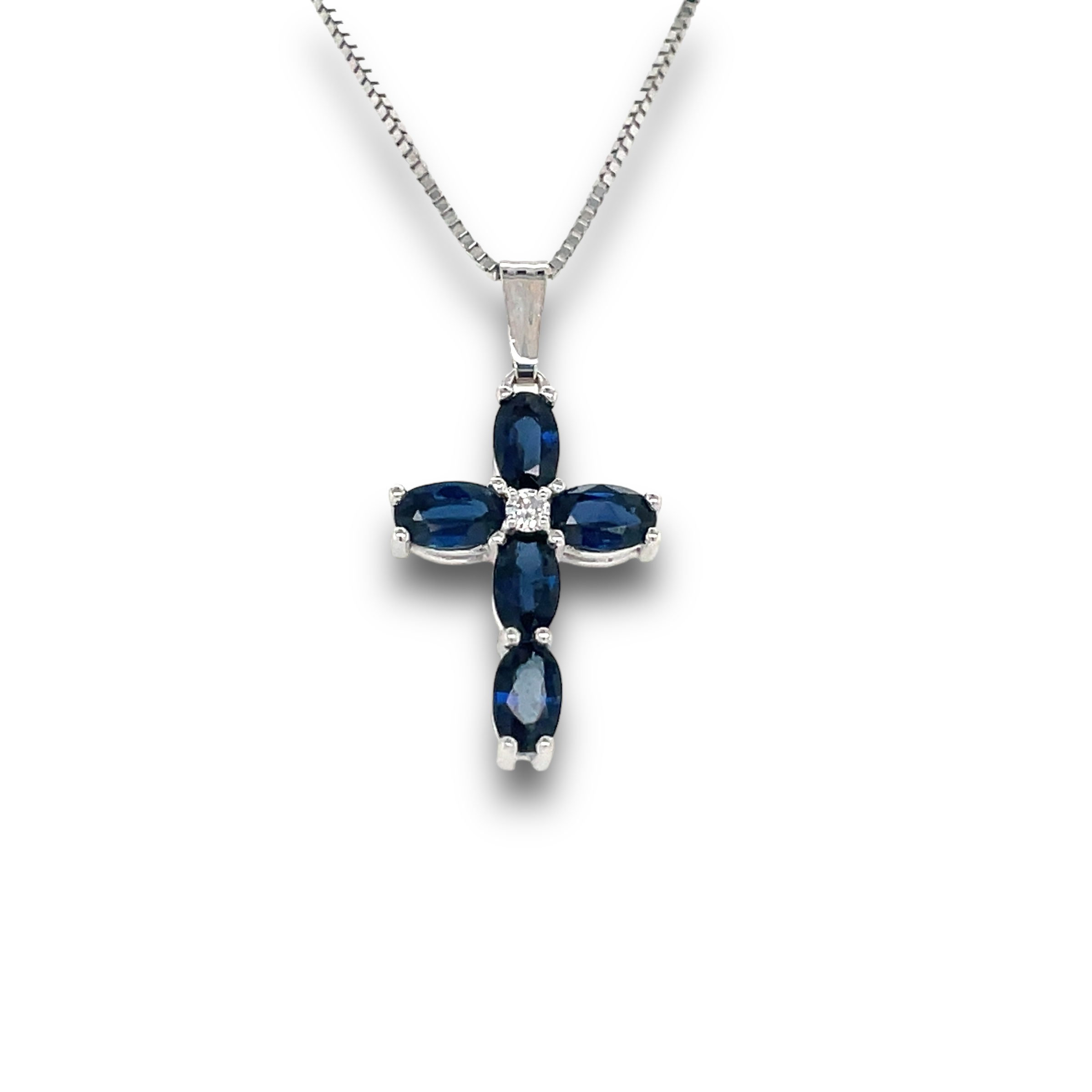 Natural Sapphire & Diamond Cross  in 14k White Gold