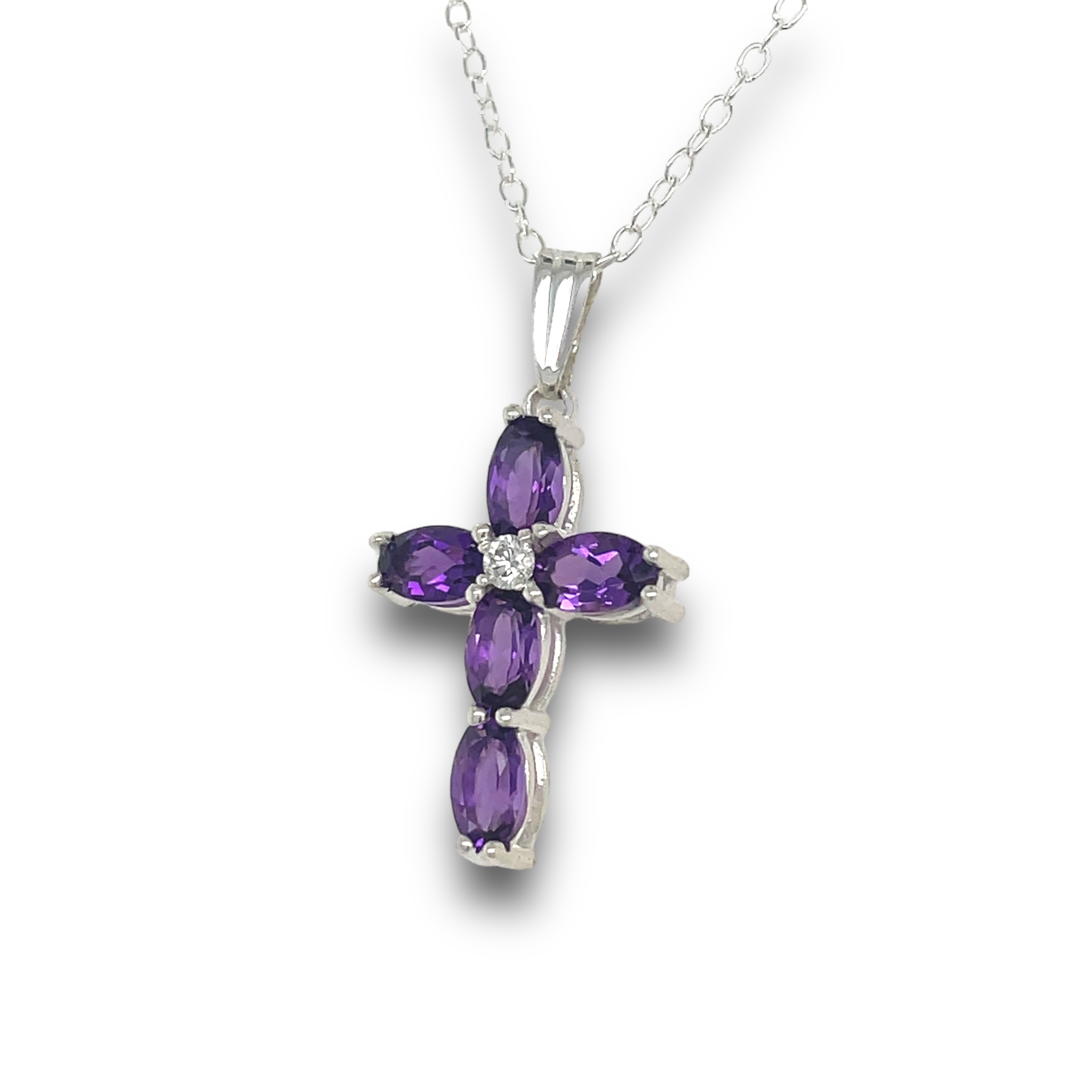 Amethyst & Diamond Cross in Sterling Silver