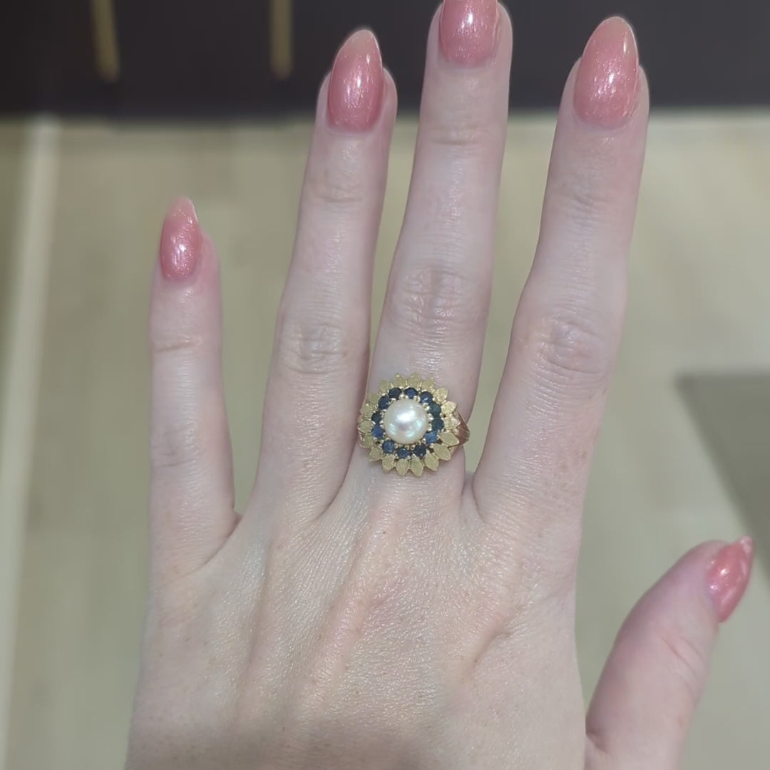Vintage 14k Yellow Gold Pearl and Sapphire Ring