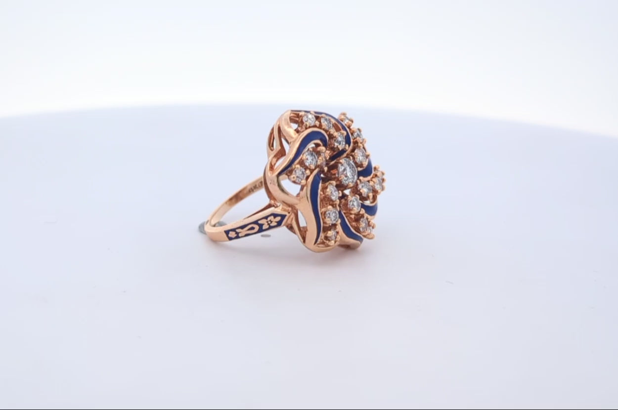 14K Yellow Gold Cocktail Ring with Blue Enamel