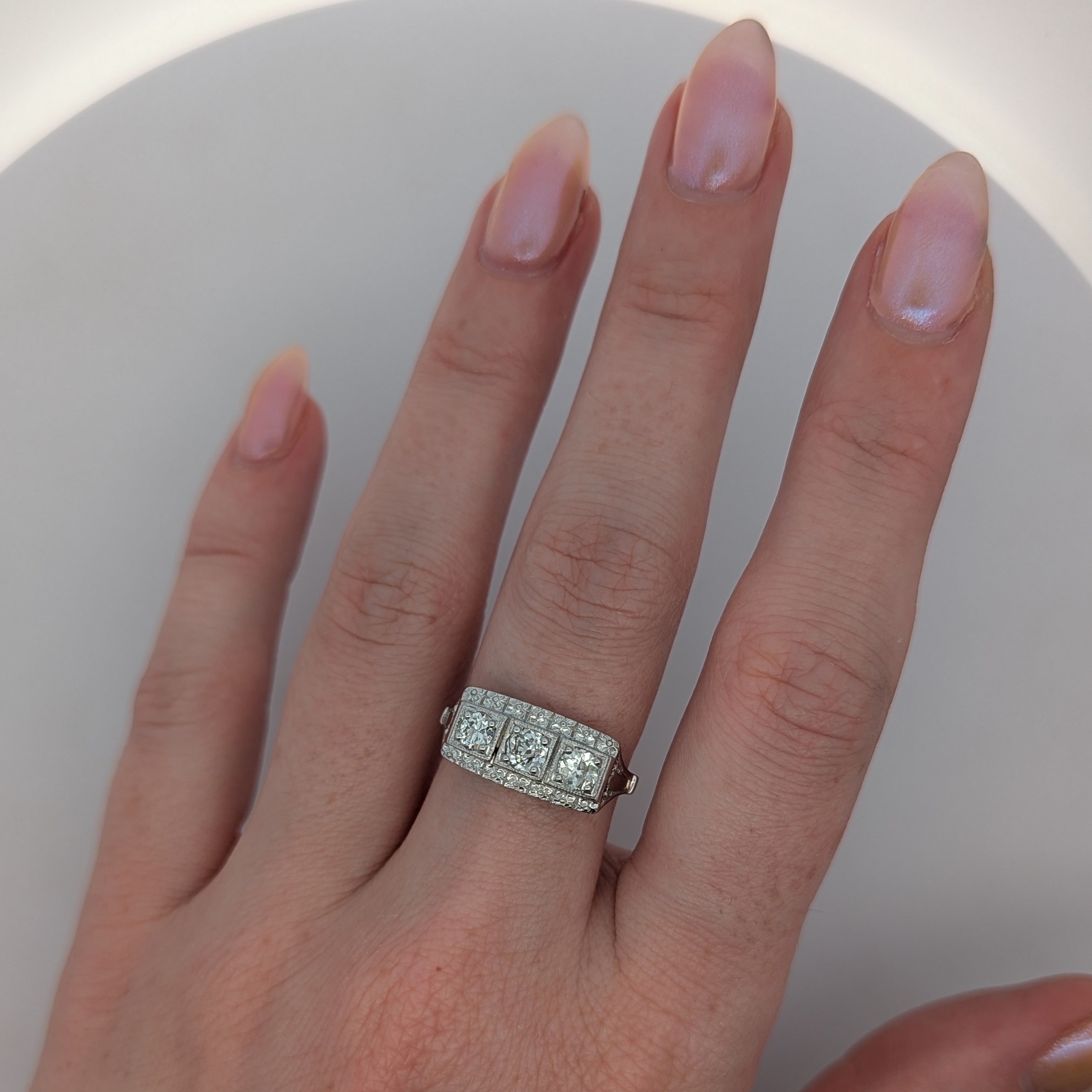 Vintage 14K White Gold and Old Mine Cut Diamond Band