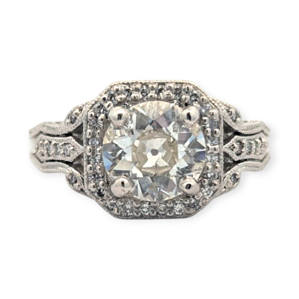 Platinum Vintage-Inspired 1.45 Carat Old Euro Cut Engagement Ring