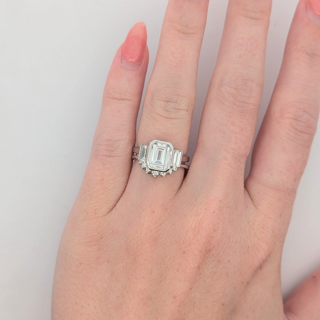 Three Stone 14K Gold Bezel Set Emerald-Cut Engagement Ring [Made to Order]
