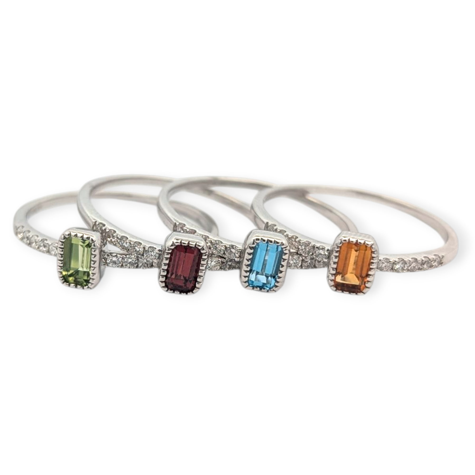 14K White Gold Dainty Birthstone Ring with Diamonds and Gemstones