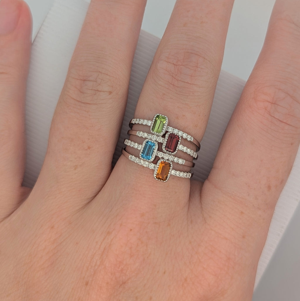 14K White Gold Dainty Birthstone Ring with Diamonds and Gemstones
