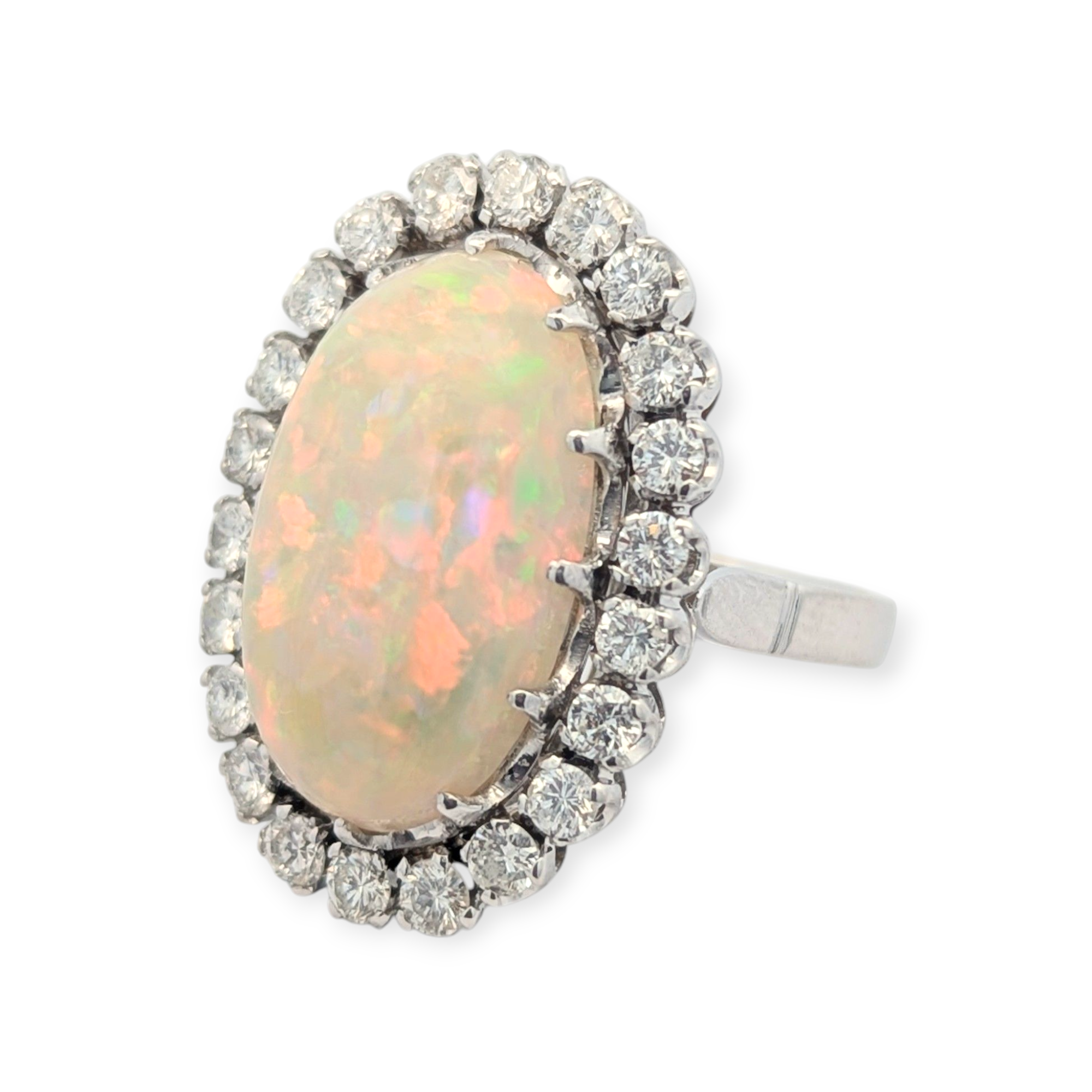 Vintage 14K White Gold Opal and Diamond Ring