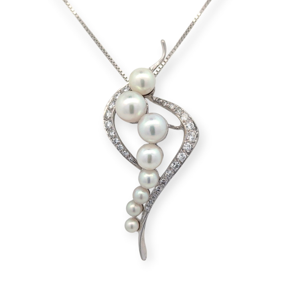 Vintage 14K White Gold Pearl and Diamond Pendant