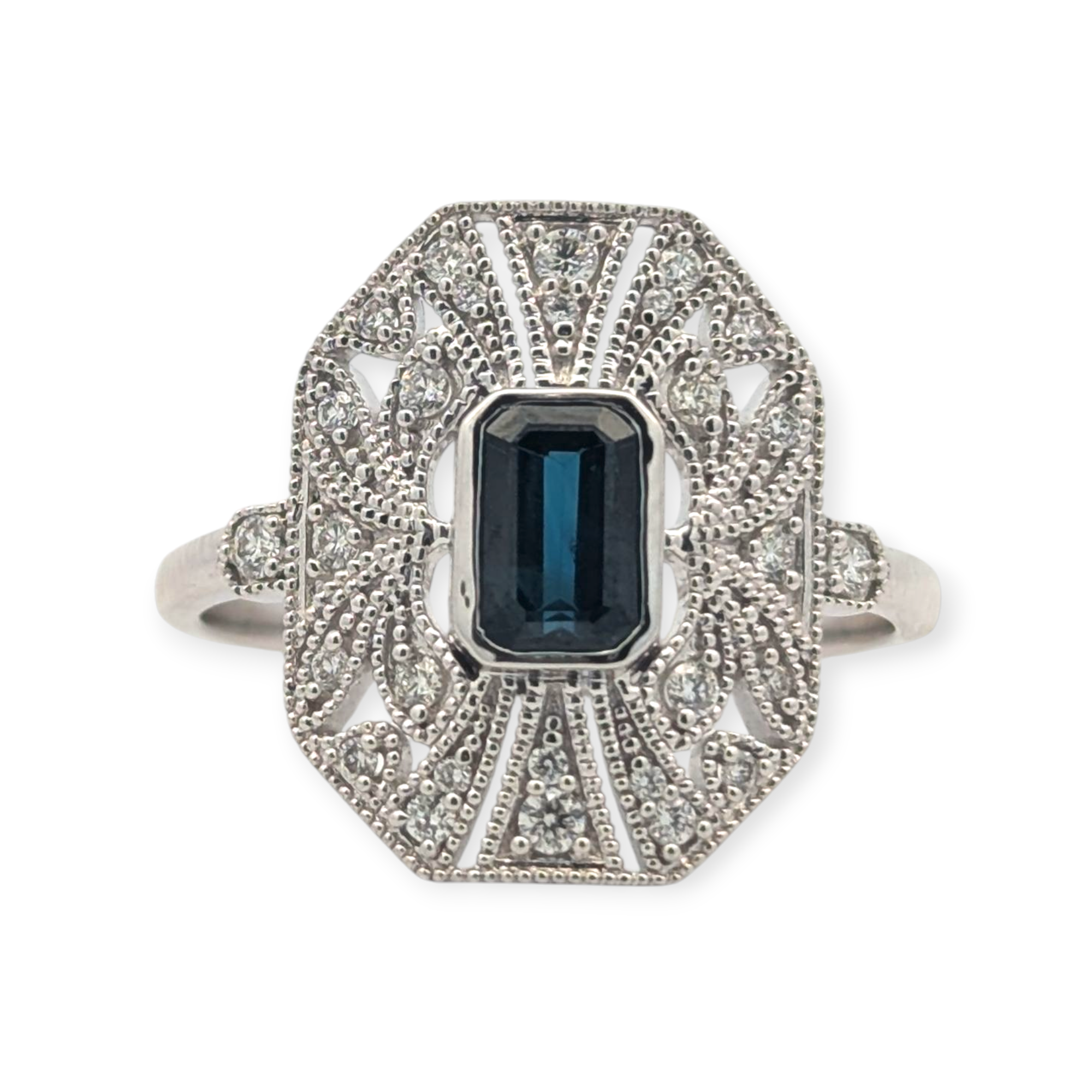 Vintage Inspired Diamond and Sapphire Shield Ring