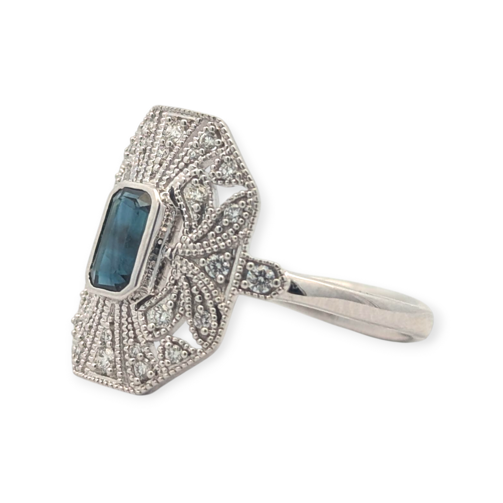 Vintage Inspired Diamond and Sapphire Shield Ring