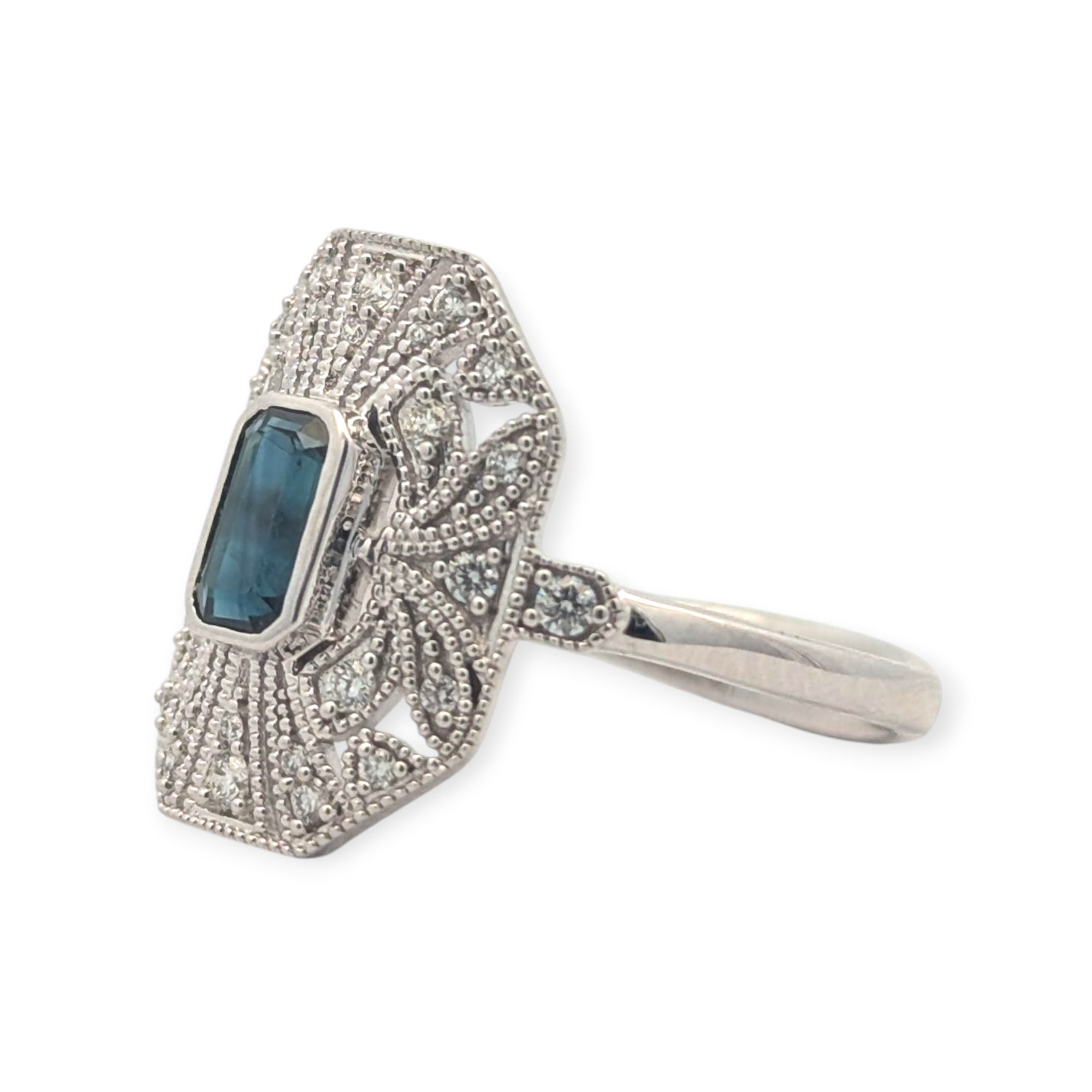 Vintage Inspired Diamond and Sapphire Shield Ring