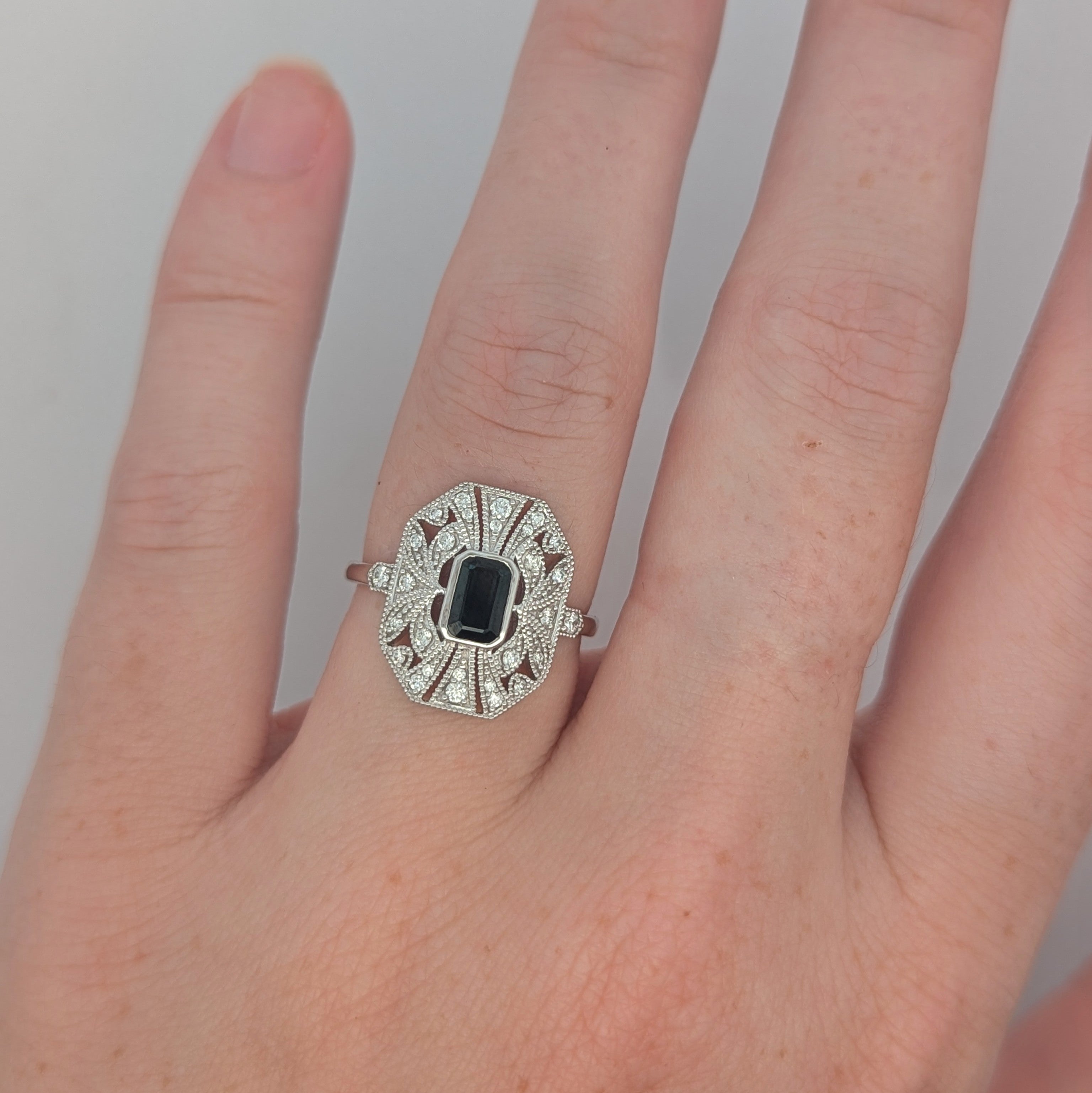 Vintage Inspired Diamond and Sapphire Shield Ring