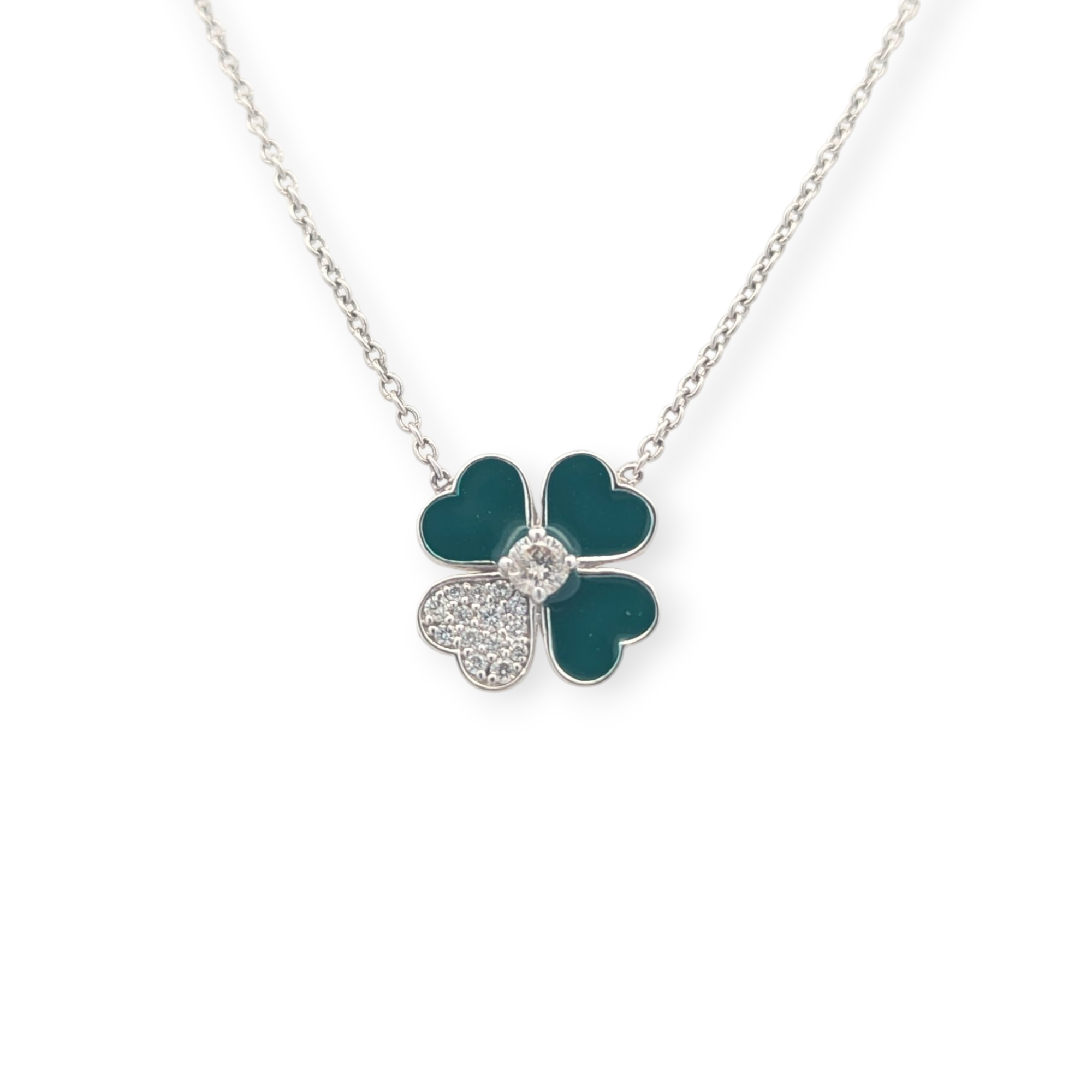 Green Enamel and Diamond Four-Leaf Clover Necklace