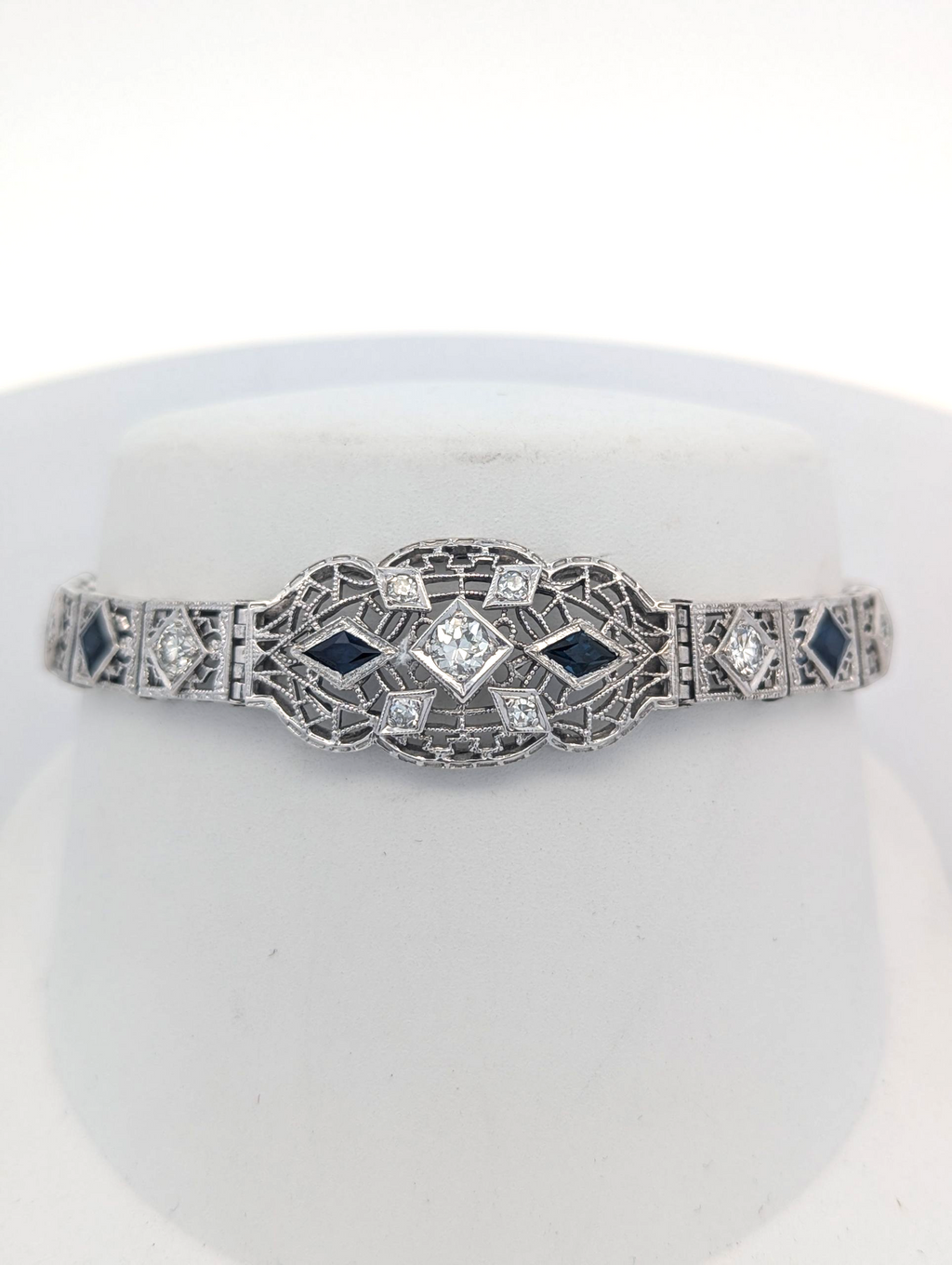 Vintage White Gold Filigree Bracelet with Diamond and Sapphire