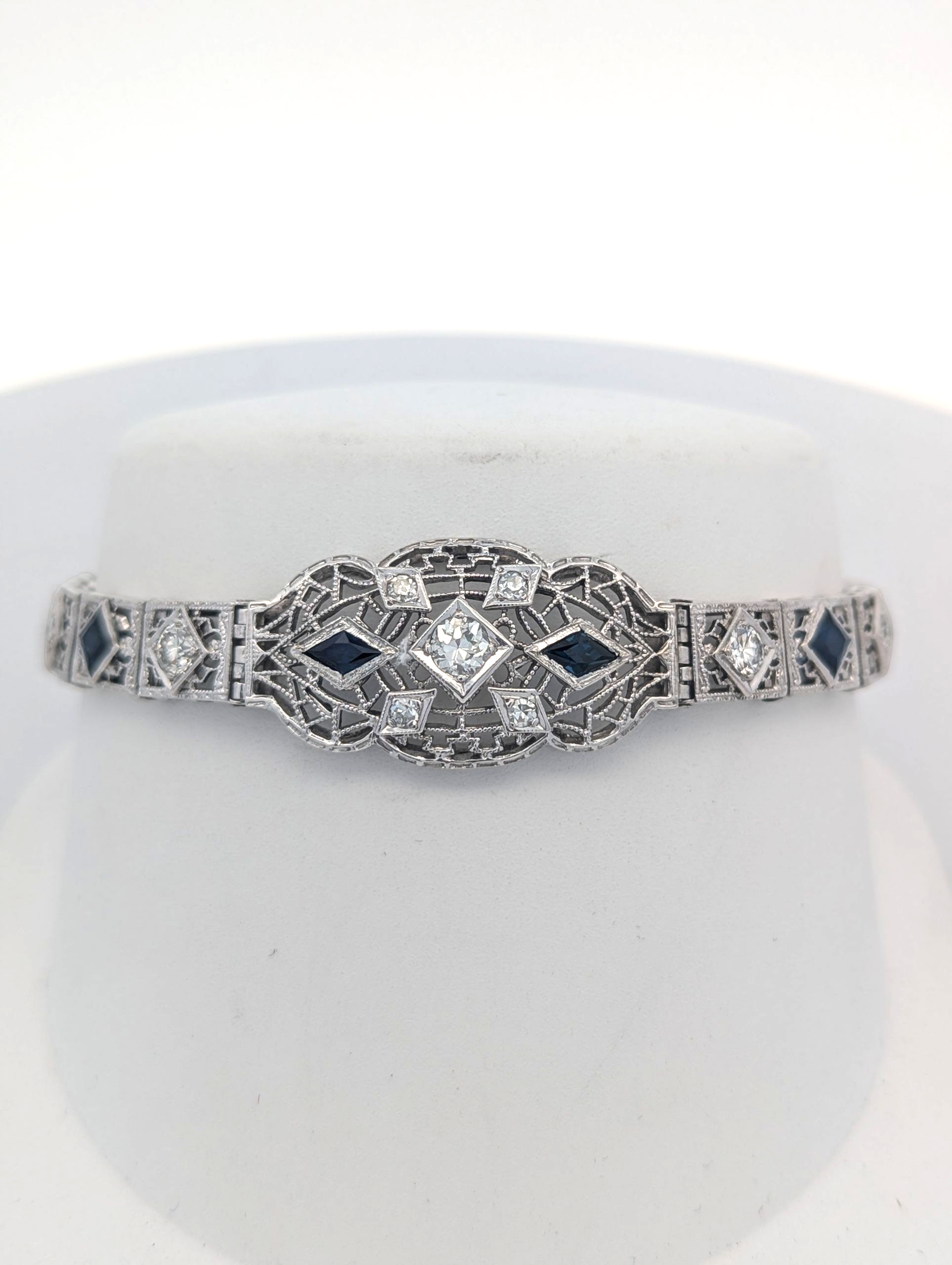 Vintage White Gold Filigree Bracelet with Diamond and Sapphire