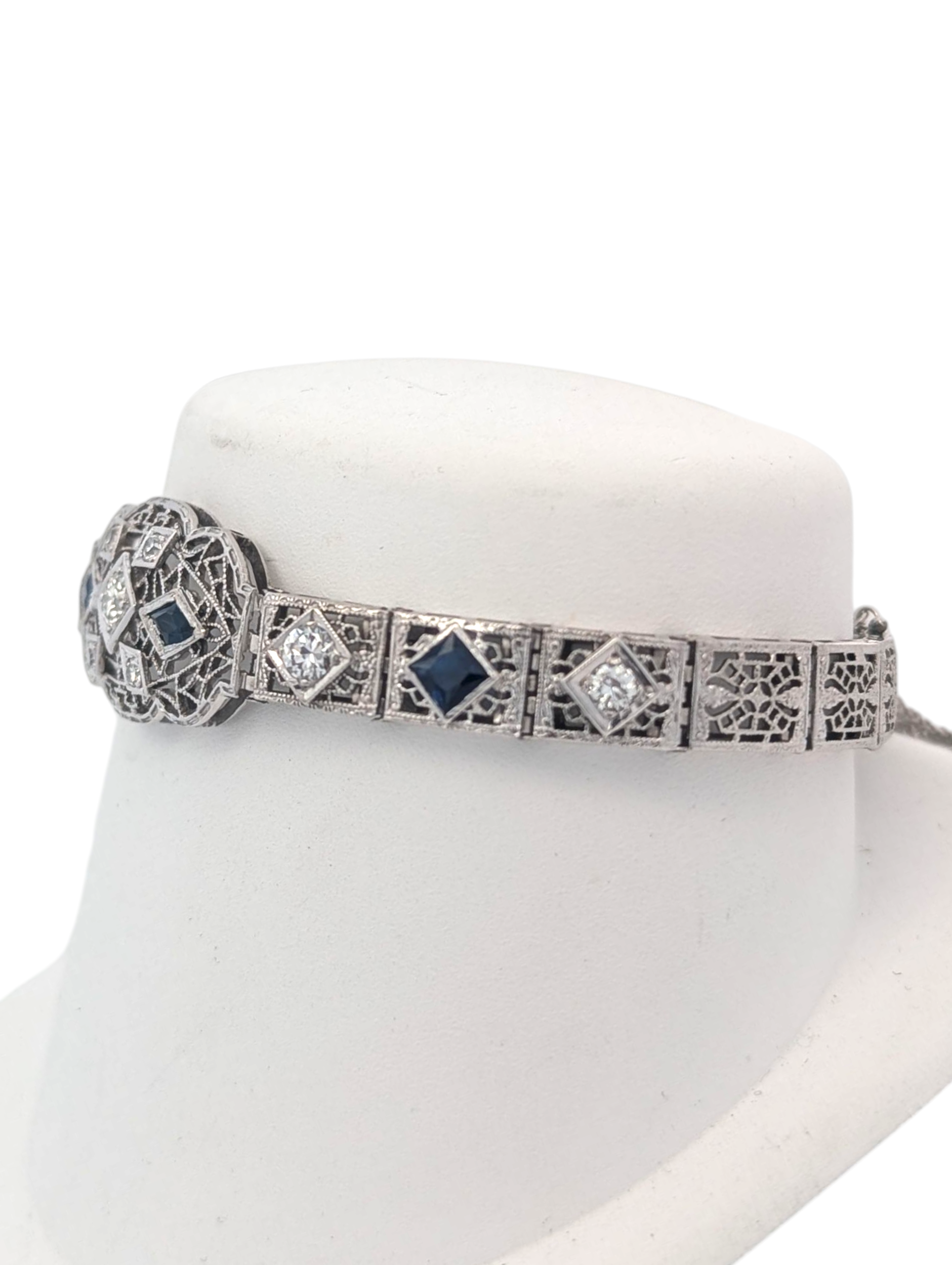 Vintage White Gold Filigree Bracelet with Diamond and Sapphire