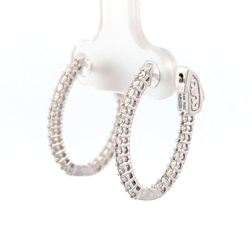 14K White Gold Diamond Hoops