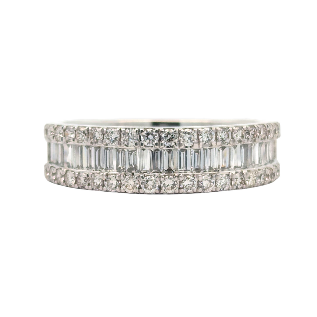14K White Gold Round and Baguette Diamond Band