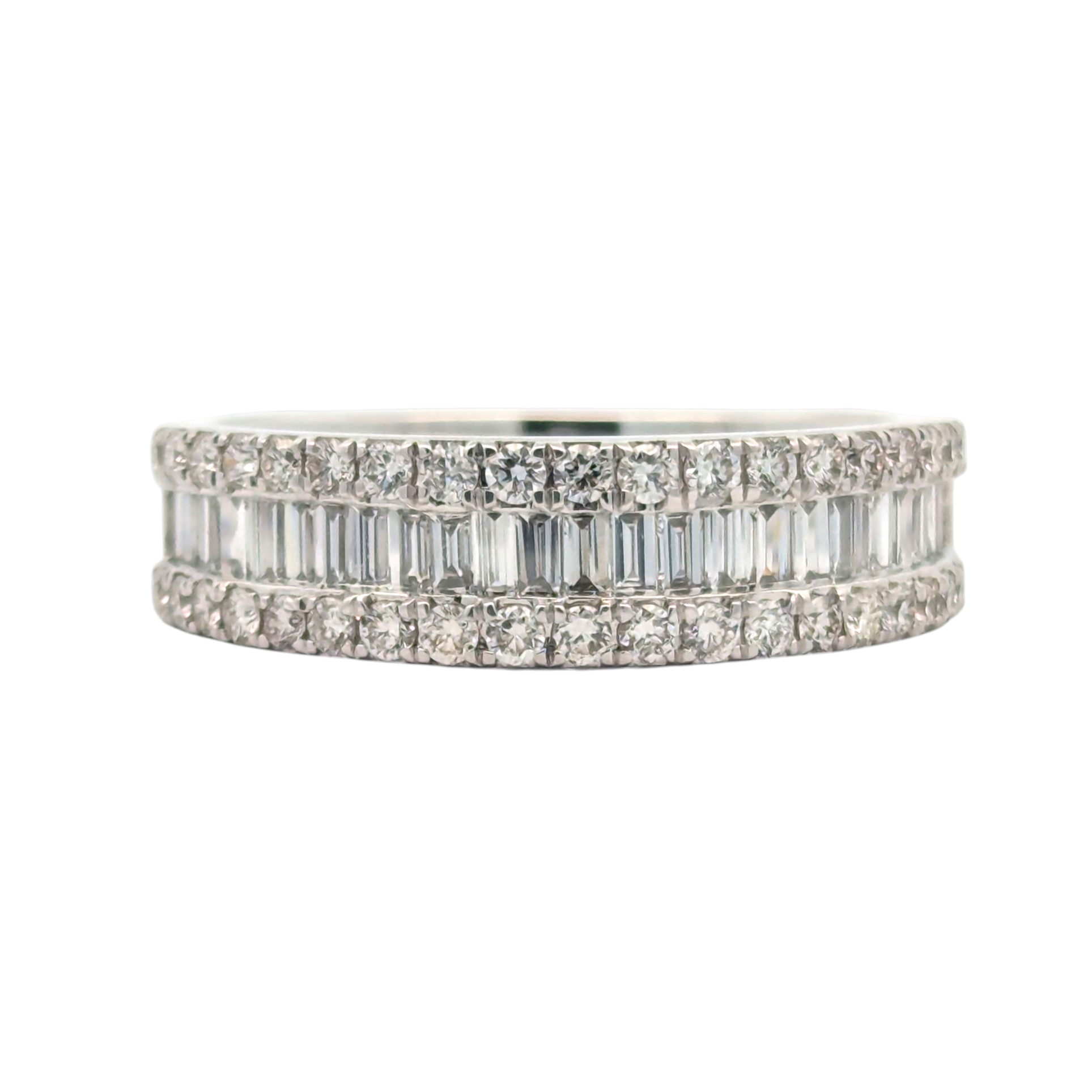 14K White Gold Round and Baguette Diamond Band