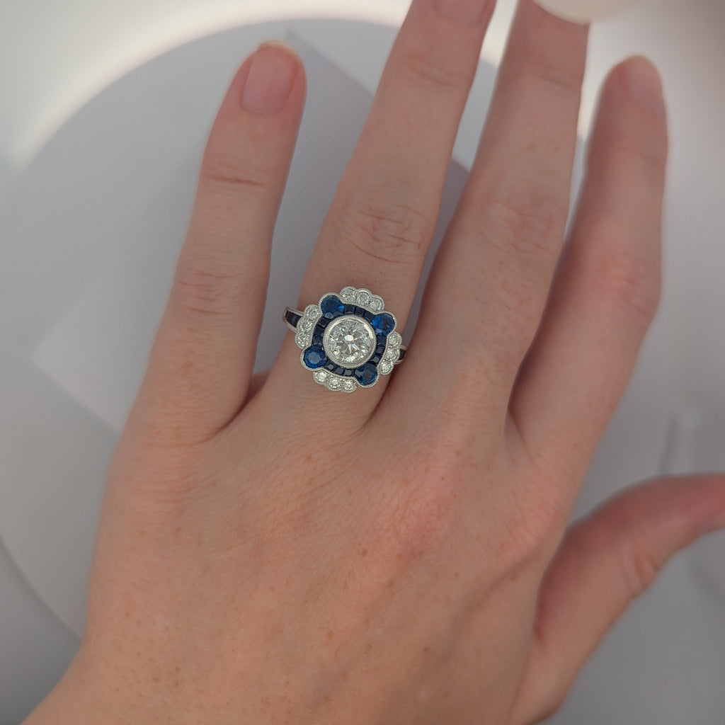 White Gold, Round Diamond, and Sapphire Cocktail Ring