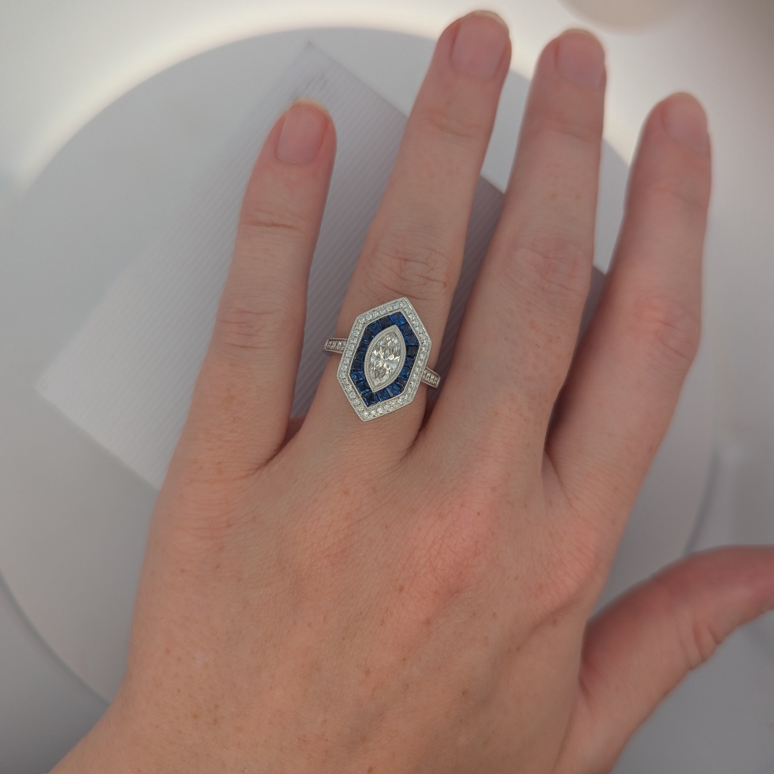 White Gold, Marquise Diamond, and Sapphire Cocktail Ring