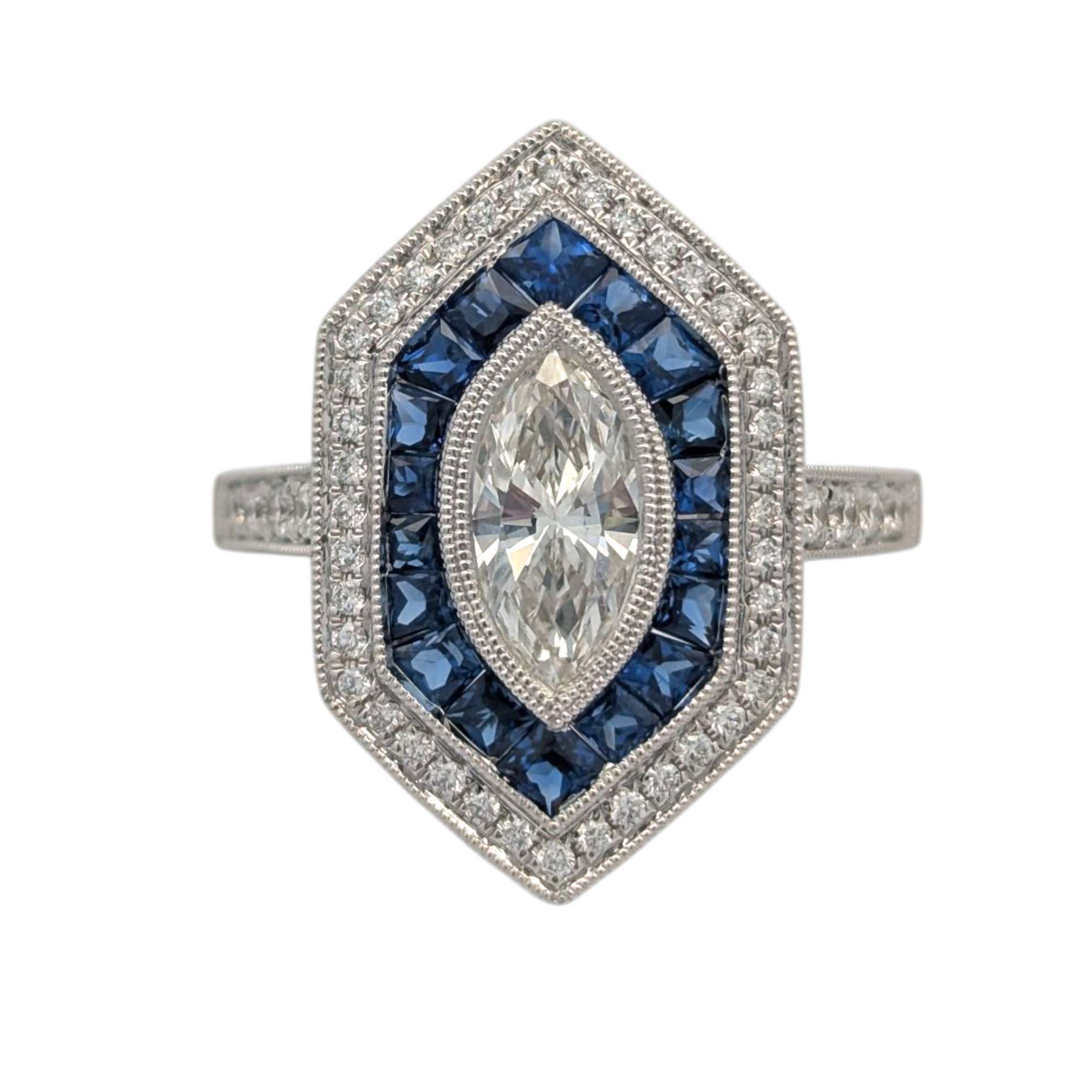 White Gold, Marquise Diamond, and Sapphire Cocktail Ring