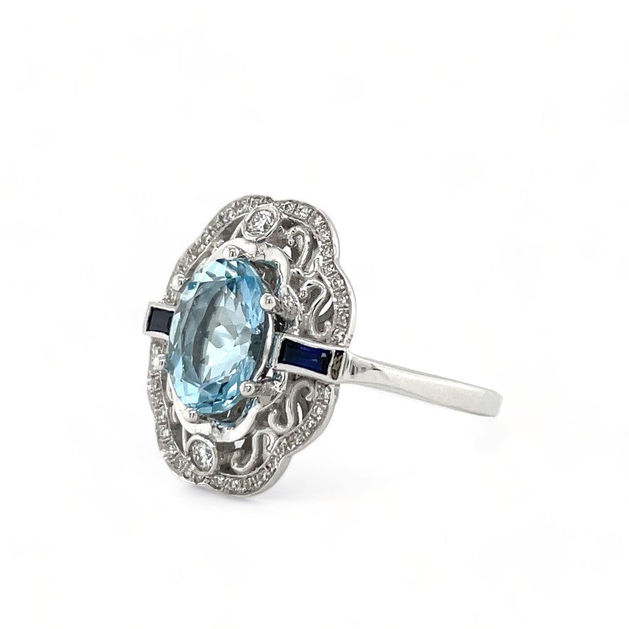 Imperia Aquamarine, Sapphire, and Diamond Ring in 14k White Gold
