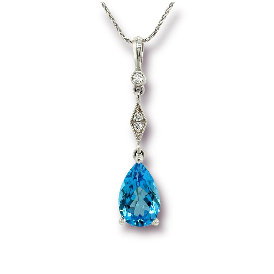 Ciella Swiss Blue Topaz & Diamond Necklace in White Gold