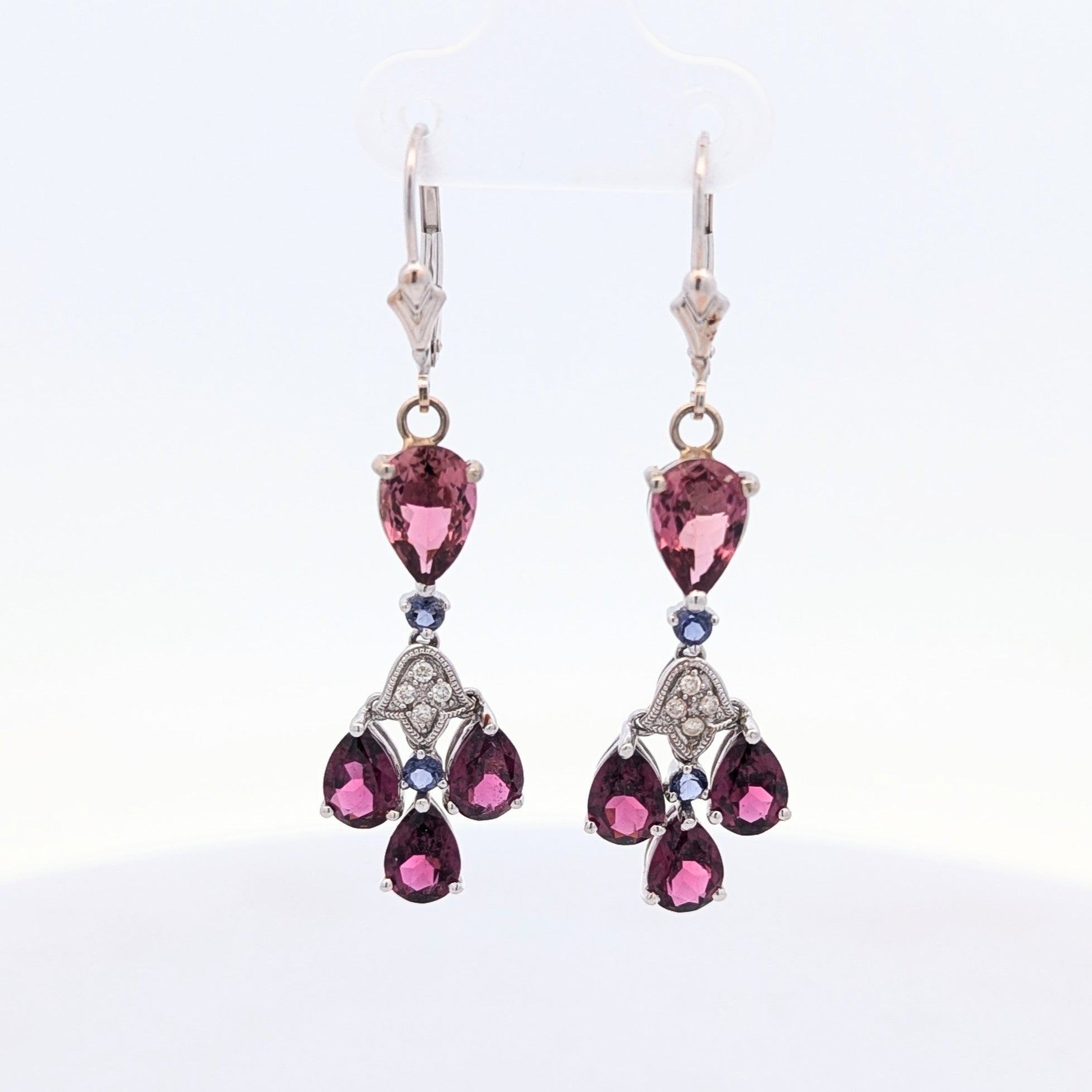 Vintage 14K White Gold Dangle Garnet and Tanzanite Earrings