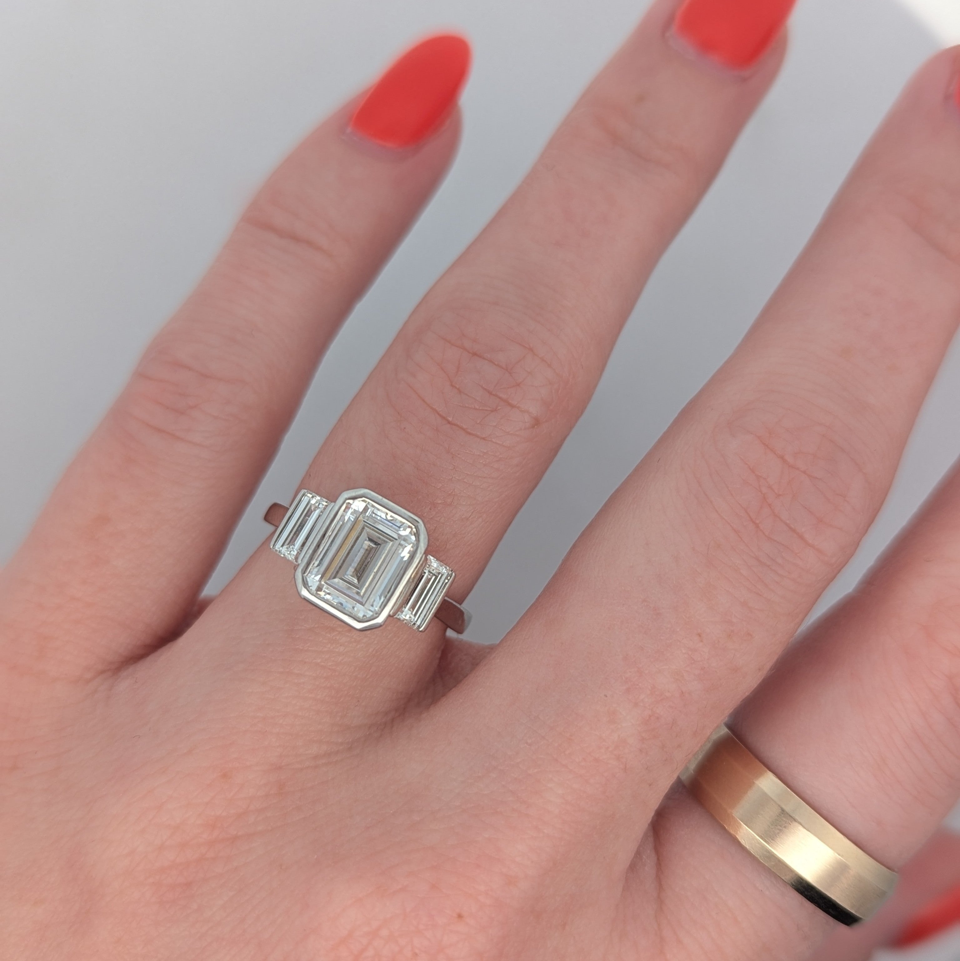 Three Stone 14K Gold Bezel Set Emerald-Cut Engagement Ring [Made to Order]