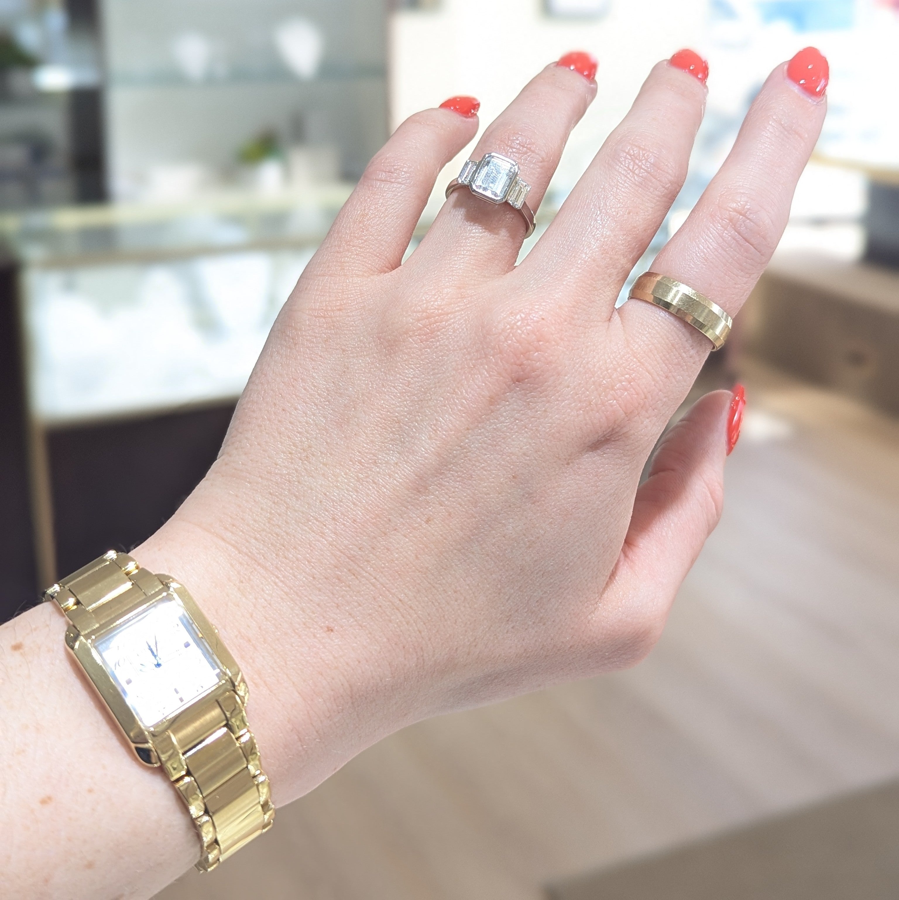 Three Stone 14K Gold Bezel Set Emerald-Cut Engagement Ring [Made to Order]