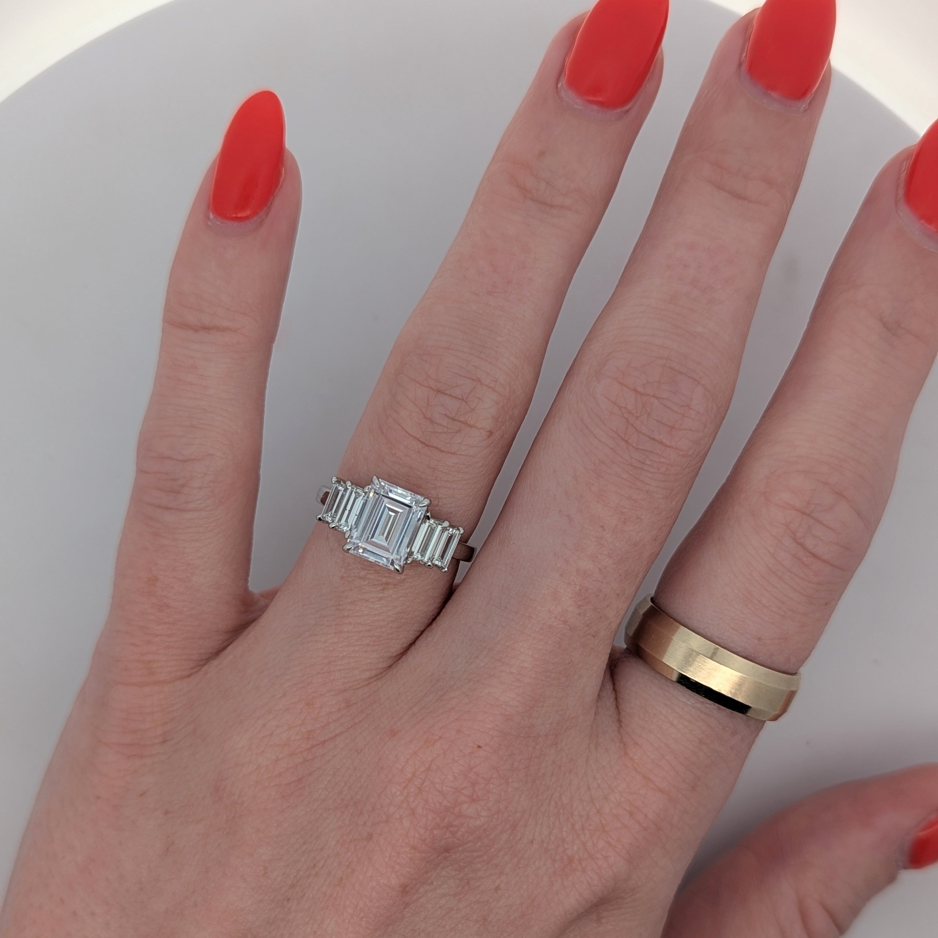 14K Gold Five-Stone Emerald Cut Engagement Ring