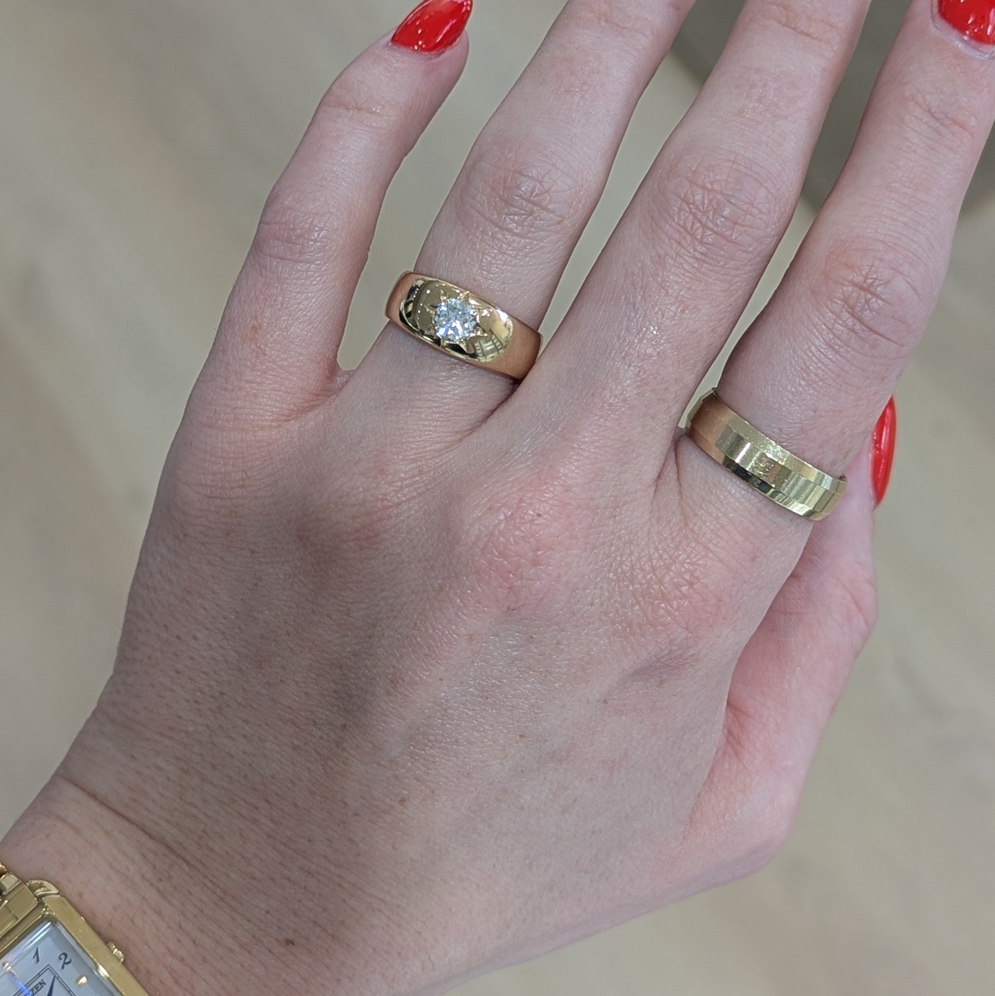 14K Gold Band Star-Set Old Euro Diamond Ring