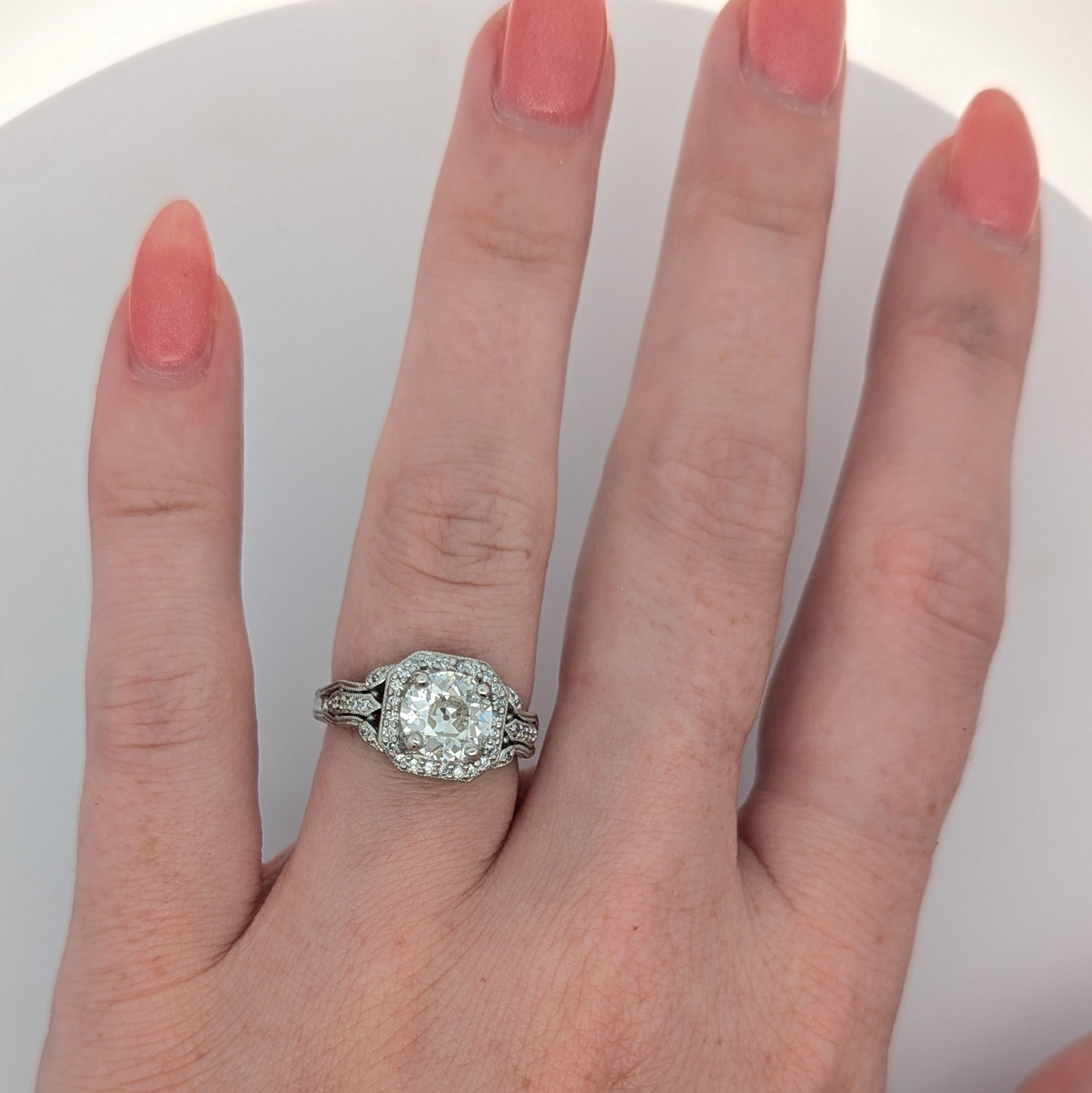 Platinum Vintage-Inspired 1.45 Carat Old Euro Cut Engagement Ring