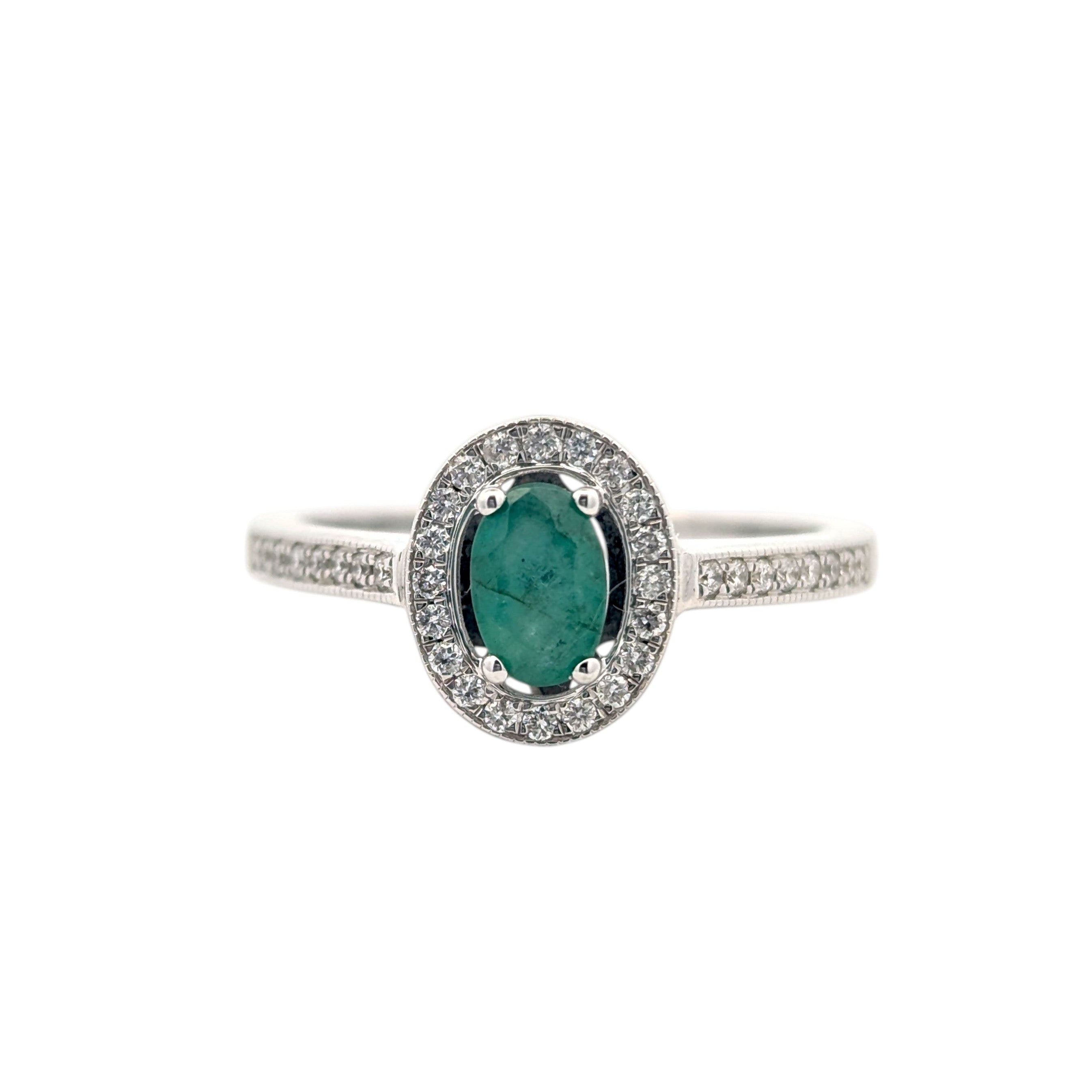 14K White Gold, Diamond, and Emerald Ring
