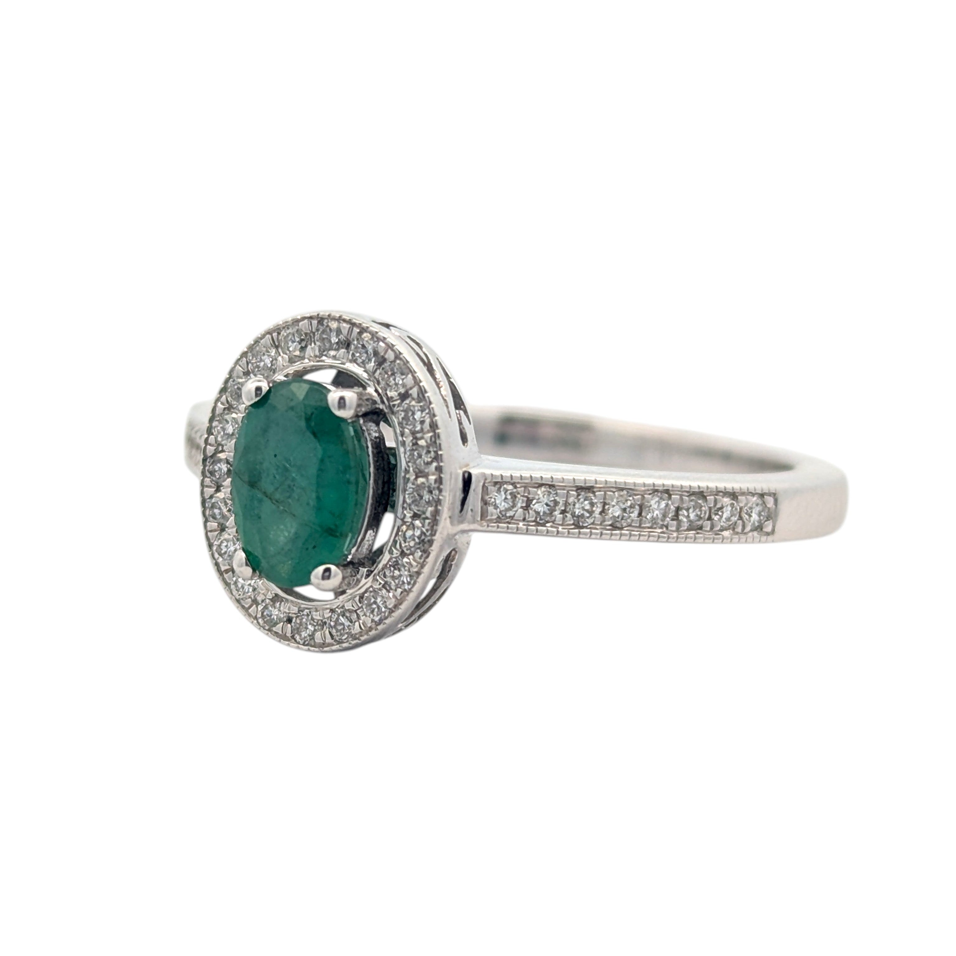 14K White Gold, Diamond, and Emerald Ring