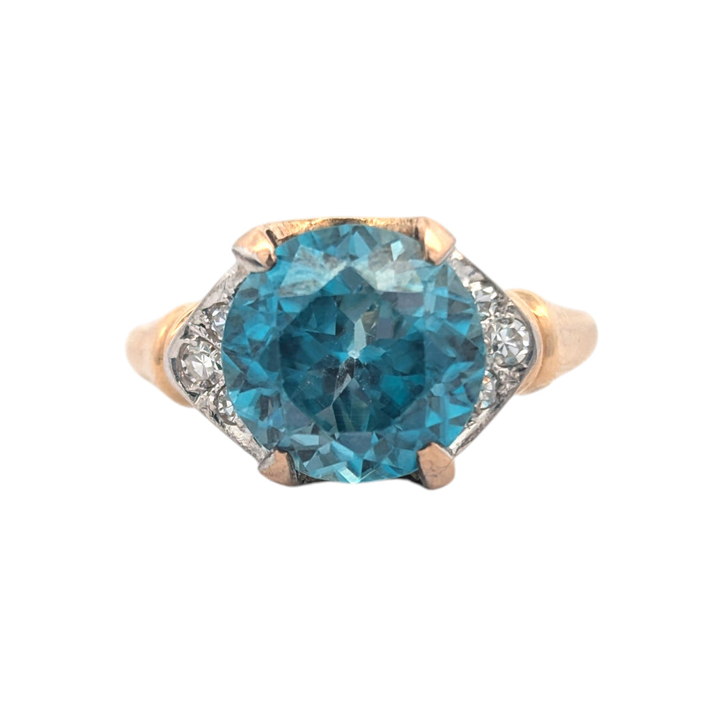 Vintage 14K Yellow Gold Diamond and Blue Zircon Ring