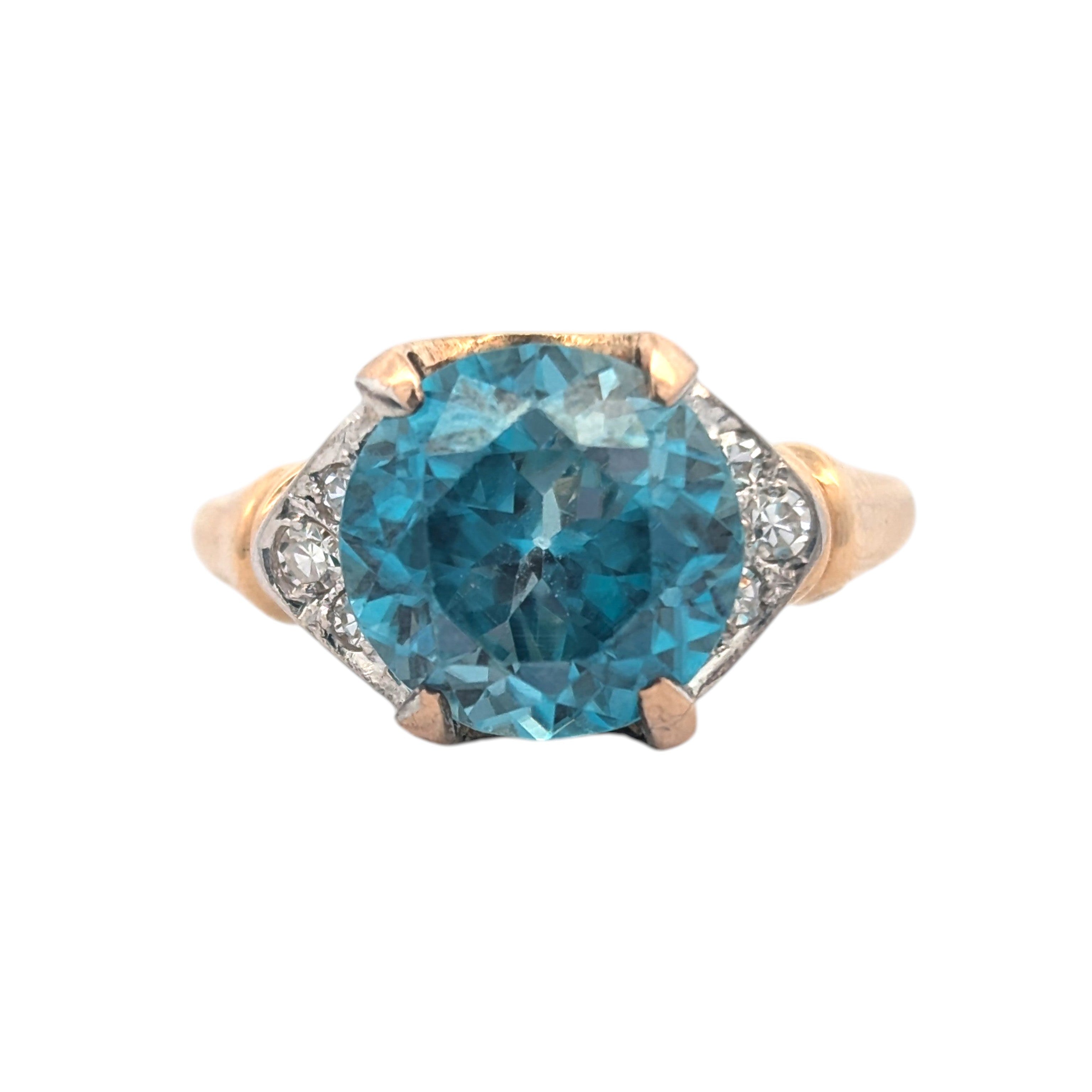 Vintage 14K Yellow Gold Diamond and Blue Zircon Ring