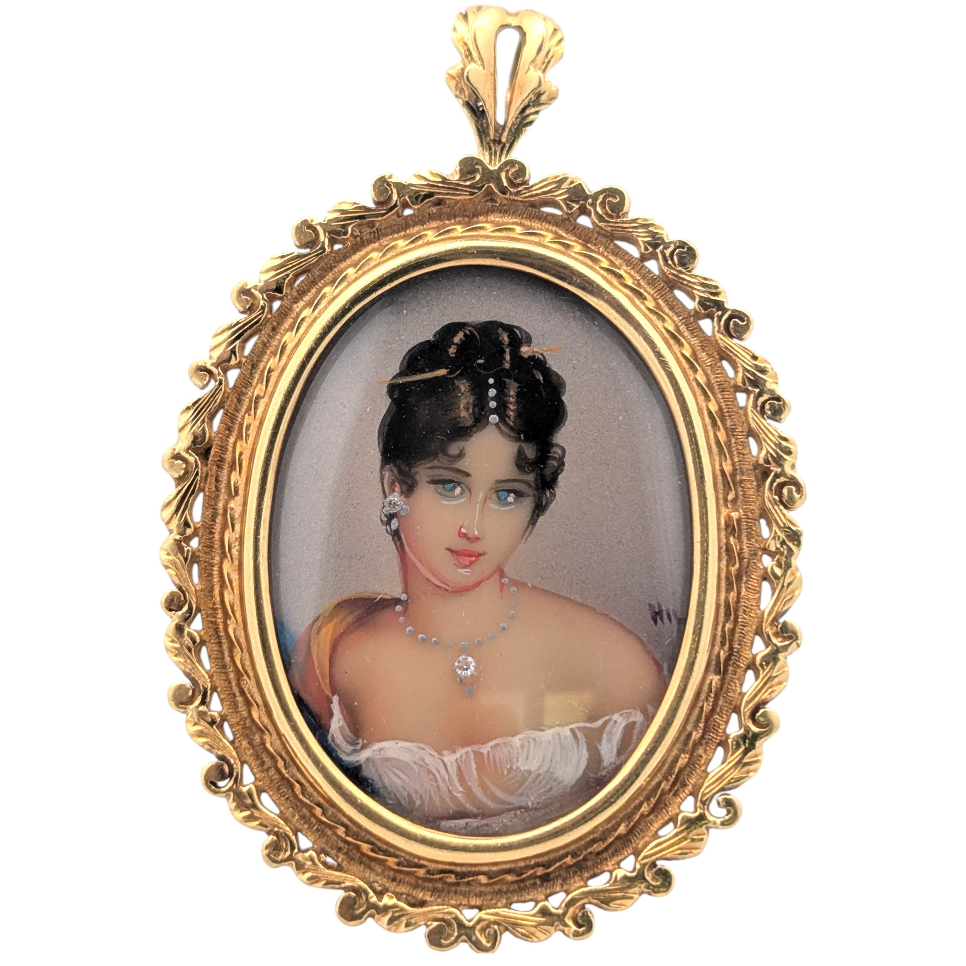 18K Gold Portrait of Unknown Young Lady Broach / Pendant
