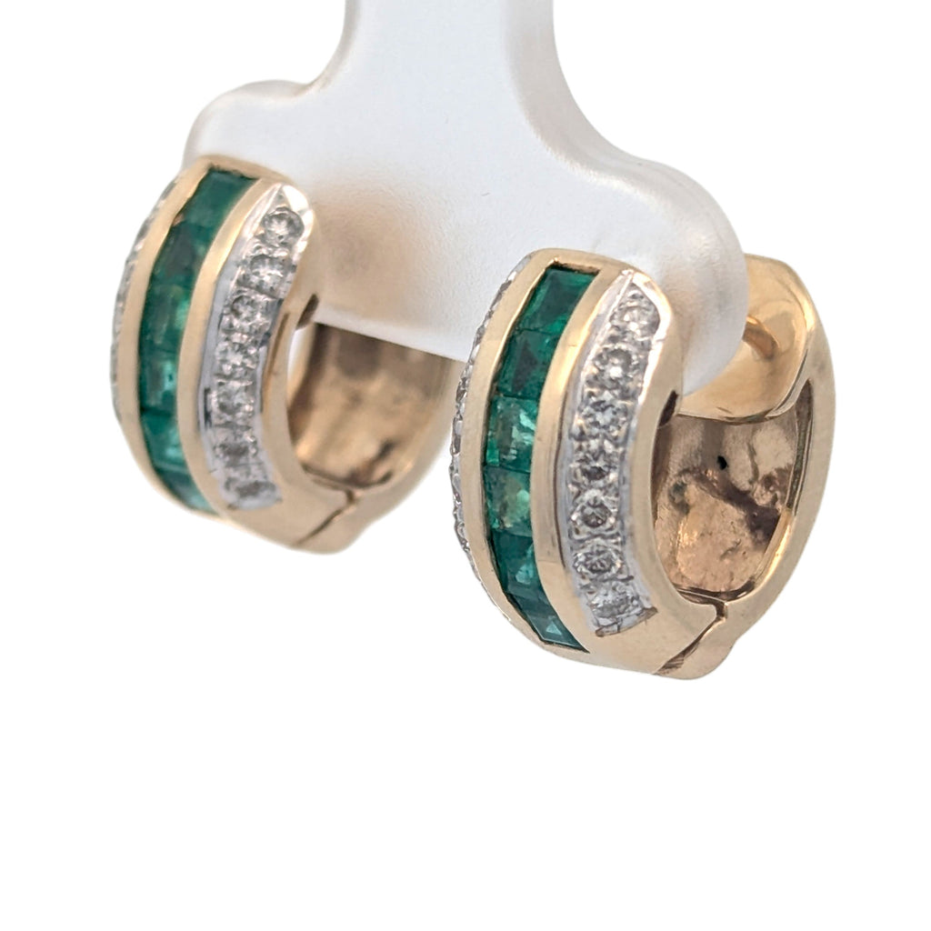 14K Diamond and Emerald Huggie Hoop Earrings