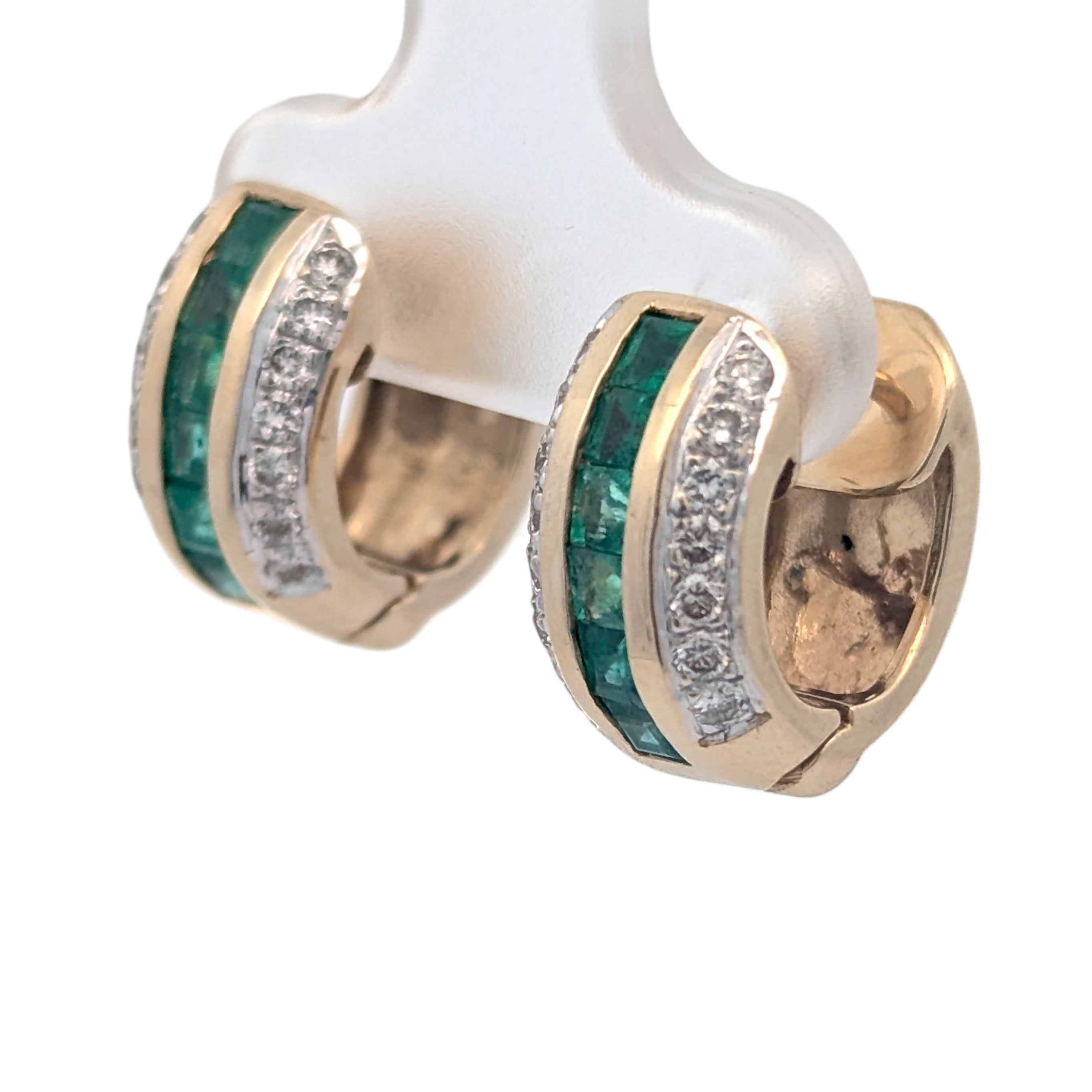 14K Diamond and Emerald Huggie Hoop Earrings