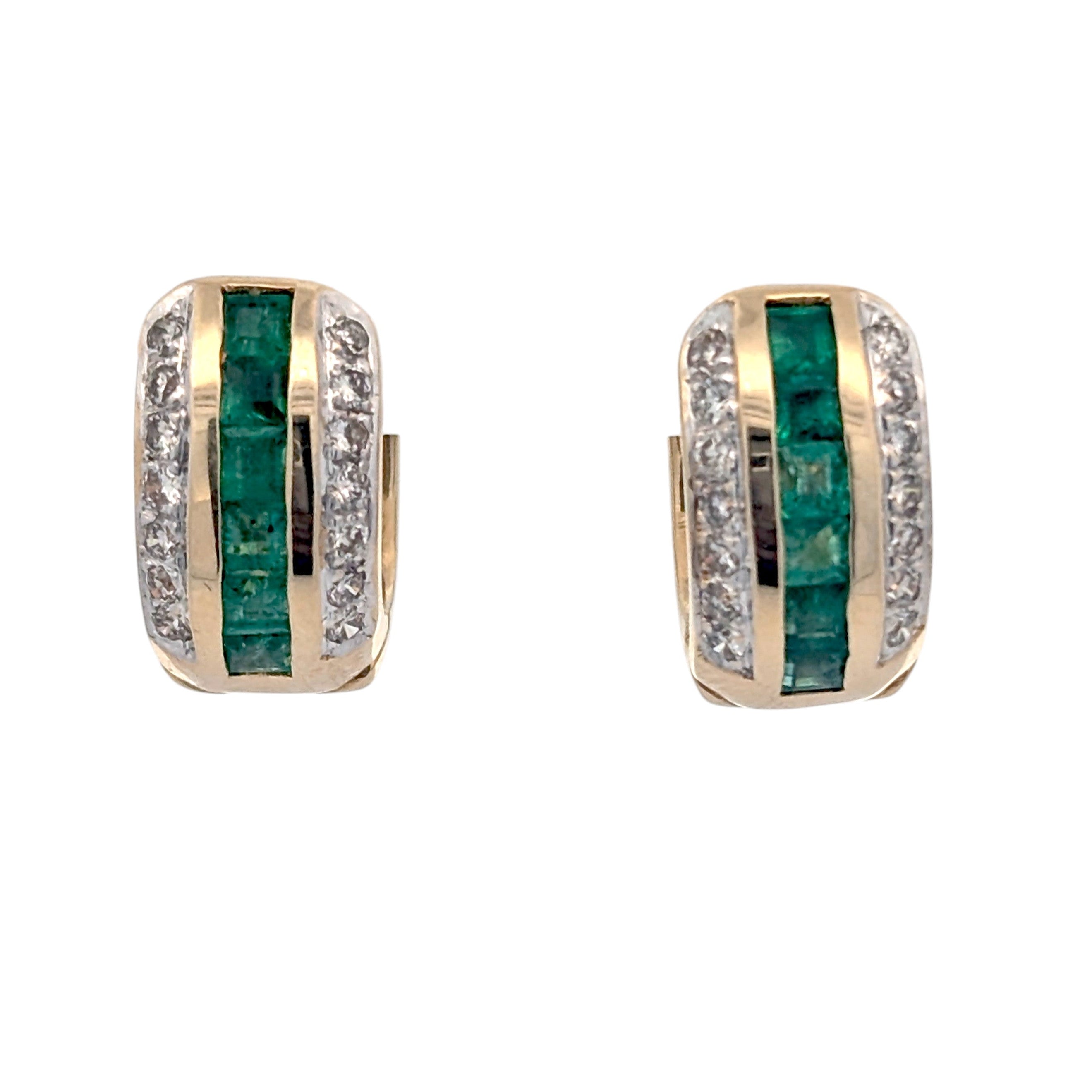 14K Diamond and Emerald Huggie Hoop Earrings