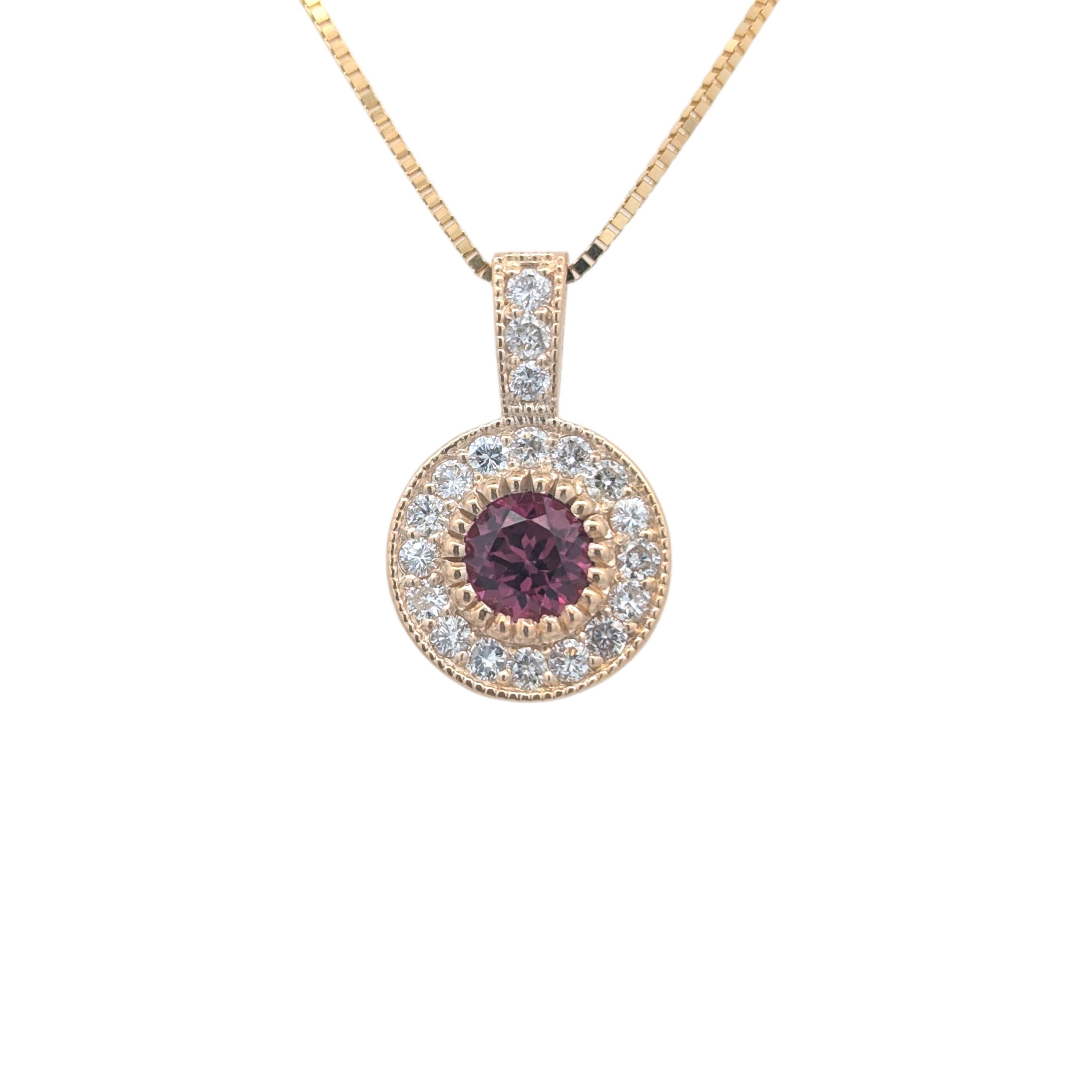 14K Yellow Gold Diamond Halo Pendant with Garnet