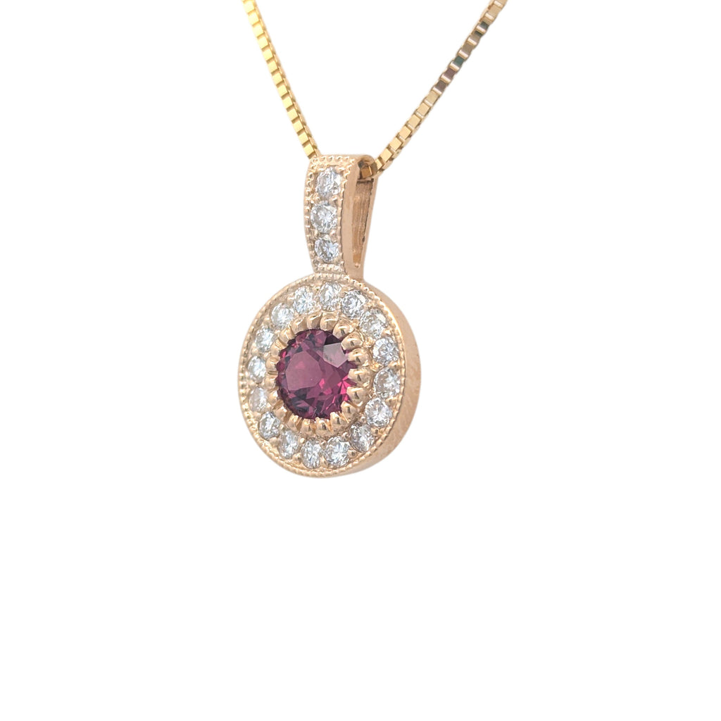 14K Yellow Gold Diamond Halo Pendant with Garnet