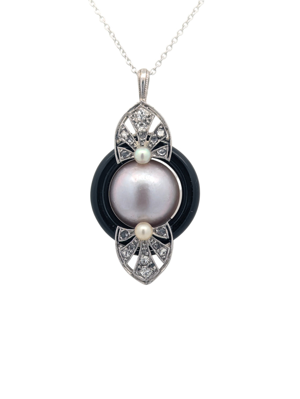 Vintage 14K White Gold, Pearl, Onyx, and Diamond Pendant