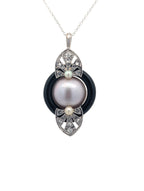 Vintage 14K White Gold, Pearl, Onyx, and Diamond Pendant